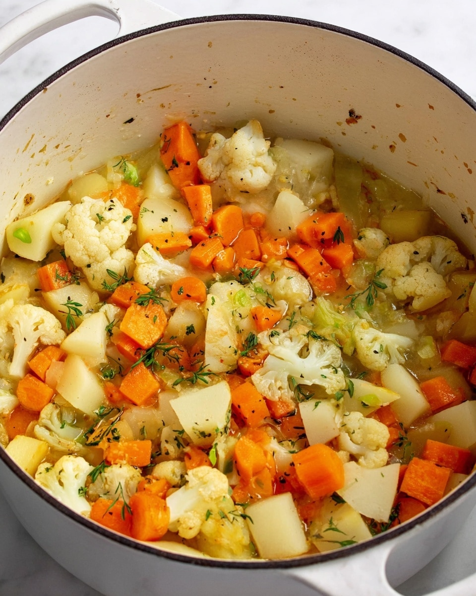 A white pot filled with a mix of diced orange carrots and cubed white potatoes, layered underneath scattered small cauliflower florets with light green stems and thin green herbs sprinkled on top, creating a fresh and colorful mix. The vegetables look lightly cooked, with soft edges and a slight steam rising, all set against a white marbled surface. photo taken with an iphone --ar 4:5 --v 7