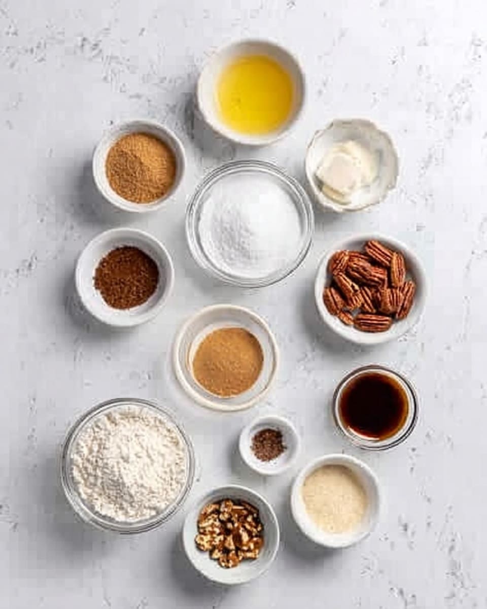 In this image, there are eleven small white bowls arranged neatly on a white marbled surface. Each bowl contains different dry and liquid ingredients such as brown sugar, white sugar, flour, melted butter, vanilla extract, baking soda, and chopped pecans. The bowls are clear and simple, showing the textures and colors of each ingredient clearly. The overall scene looks clean and organized, with a soft natural light illuminating the colors and textures of the ingredients, highlighting their contrast against the white marbled background. Photo taken with an iphone --ar 4:5 --v 7