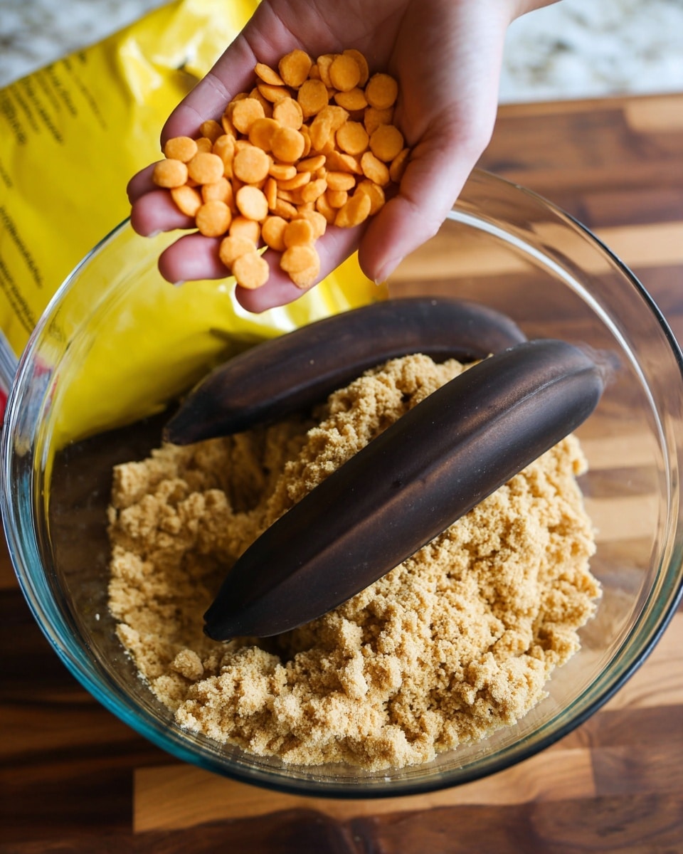 A clear glass bowl containing a layer of light tan crumbly mixture and two very dark brown, almost black, ripe bananas placed on top. Above the bowl, a woman's hand holds a handful of small, round, smooth orange chips. The background shows a yellow bag and a wooden surface replaced by a white marbled texture. photo taken with an iphone --ar 4:5 --v 7