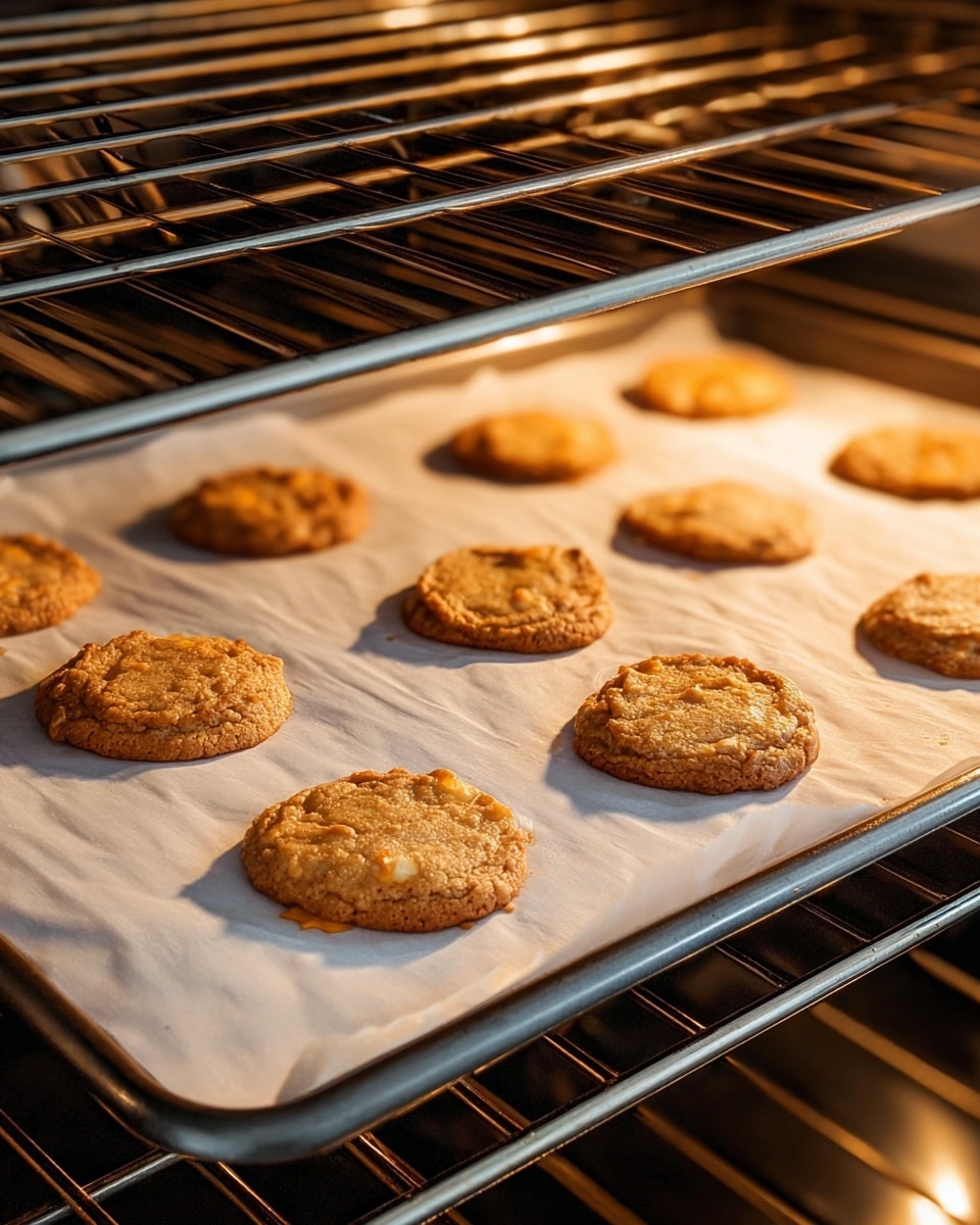 The image shows a baking tray with nine golden brown cookies arranged in three rows, placed inside an oven on a silver metal rack. The cookies have a slightly rough texture and small light yellow pieces scattered throughout. The tray is lined with white parchment paper, and the oven interior has a shiny dark metallic look with horizontal racks. The warm light shines on the cookies, highlighting their soft edges and crumbly surface. Photo taken with an iphone --ar 4:5 --v 7