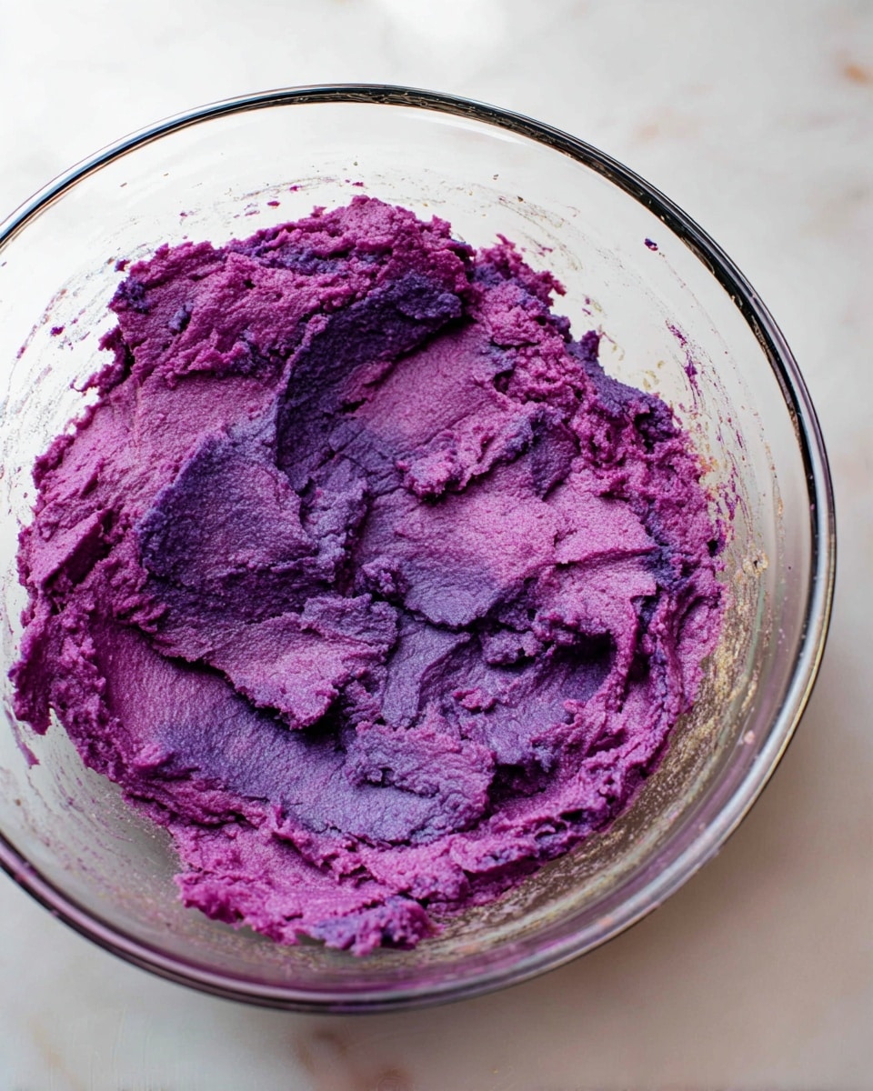 A clear glass bowl sits on a white marbled surface filled with a thick, mashed mixture of bright purple color with slight variations in shade, creating a textured and uneven surface. The mixture is spread thinly along the sides of the bowl with some parts thicker and rougher, showing a homemade, rustic feel. The bowl has condensation spots on the inside, hinting that the mixture might be warm. The edges of the bowl are rounded and smooth, and the overall scene is brightly lit, highlighting the rich, deep purple tones. Photo taken with an iphone --ar 4:5 --v 7