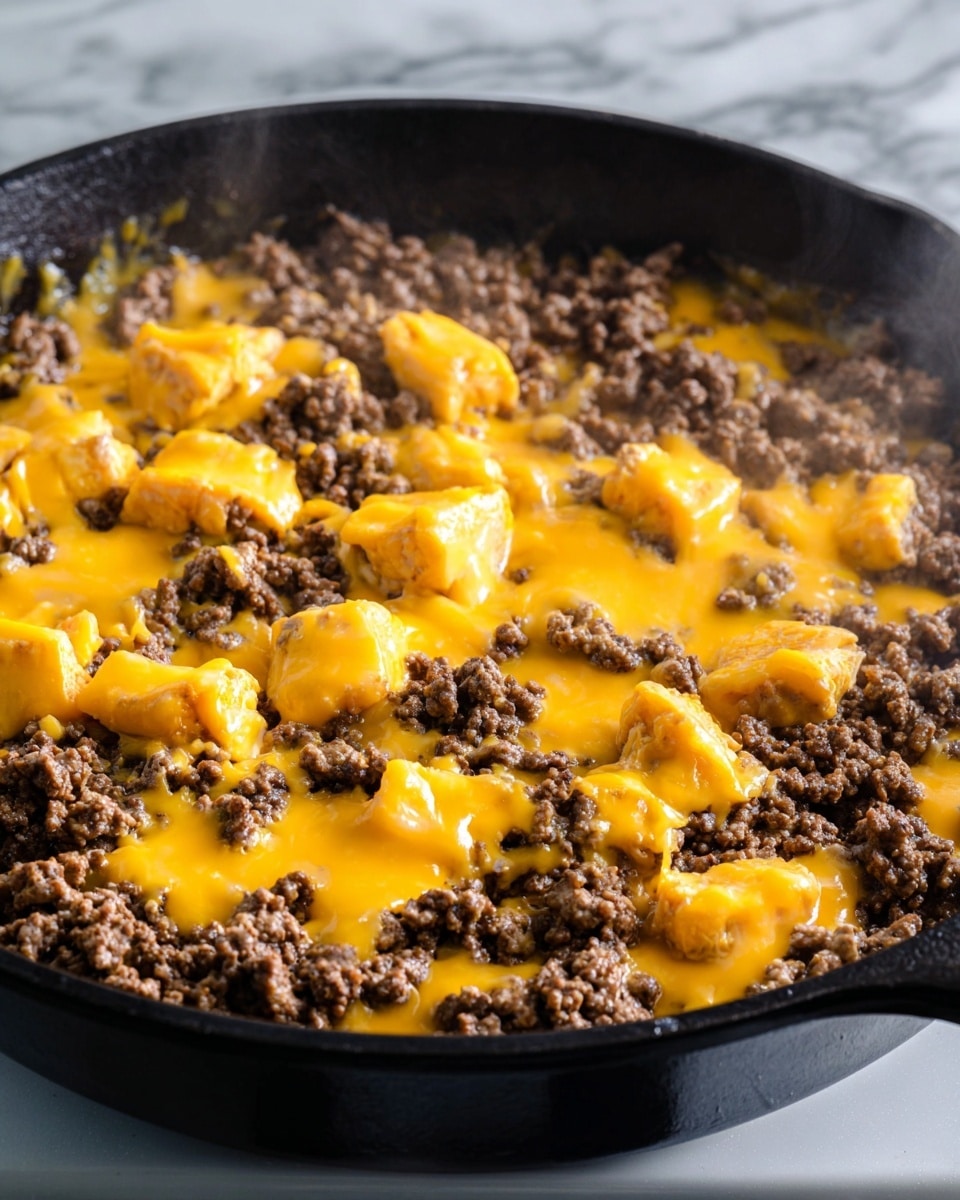A close-up view of cooked ground meat in a black cast iron skillet, with bright yellow melted cheese cut into chunks spread unevenly on top. The meat is brown with a slightly crumbly texture, and the cheese looks soft and creamy as it melts into the meat below. The skillet sits on a stove with a clean white marbled surface around it. The image captures the steam rising slightly from the hot skillet, showing the warm, freshly cooked food. photo taken with an iphone --ar 4:5 --v 7