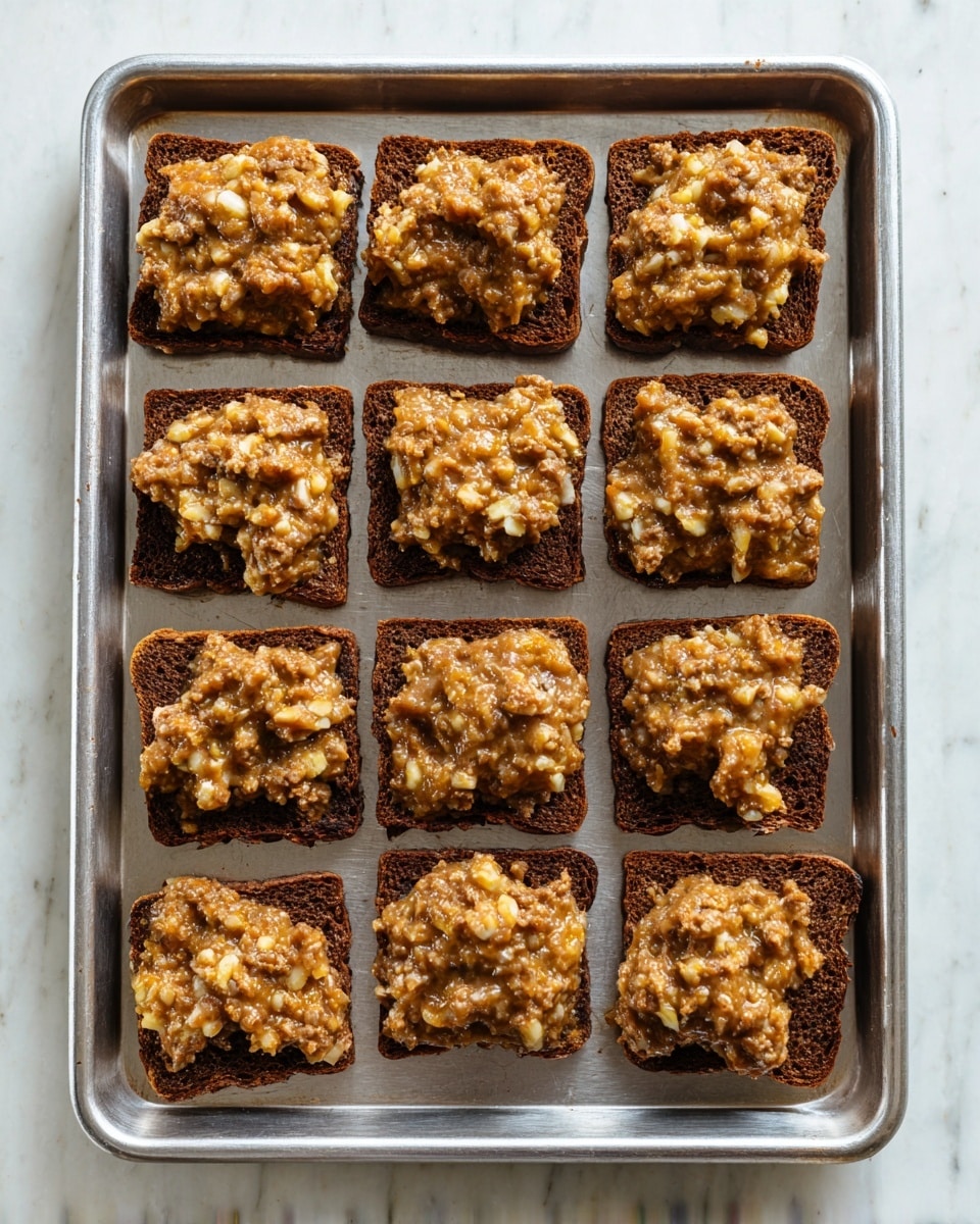 The image shows a large metal baking tray filled with five rows of small square pieces of dark brown bread. Each bread piece is topped with a chunky, light brown mixture that looks creamy and textured with bits of meat and sauce. The topping layer is thick and unevenly spread on each bread slice. The tray sits on a white marbled surface. photo taken with an iphone --ar 4:5 --v 7