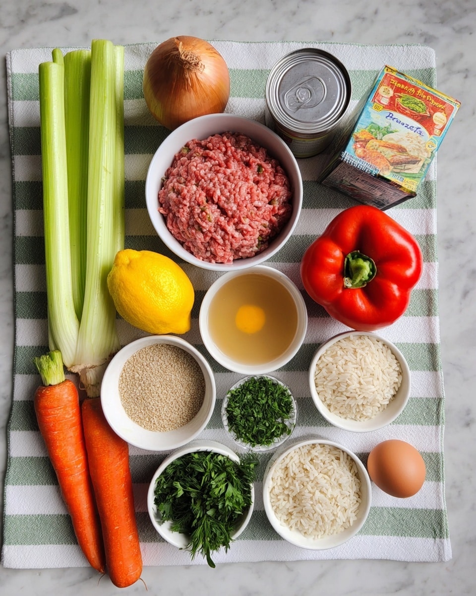 The image shows a top view of various raw ingredients arranged neatly on a cloth with wide white and light green stripes, placed on a white marbled surface. From left to right are two long pale green celery stalks, two bright orange carrots with some dirt on them, a shiny red bell pepper with green stem, a round yellow lemon, a white bowl filled with raw mixed meat in pink and brown shades, a carton of chicken broth, and a can of tomato paste. Below these are a round brown onion, a white bowl with fresh dark green parsley leaves, a white bowl of light brown breadcrumbs, a white bowl filled with fresh green dill, a white bowl holding dry long-grain white rice, and a single brown egg near the right edge. photo taken with an iphone --ar 4:5 --v 7