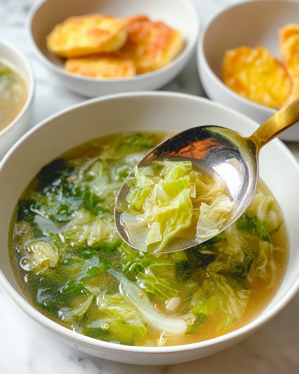 The image shows a close-up of a white bowl filled with clear soup containing light green and pale yellow cabbage leaves and small white pieces, possibly onions or garlic, floating in the broth. A shiny silver ladle with a golden handle is scooping the soup, showing the cabbage leaves in detail. In the background, there are two white bowls each containing pieces of golden yellow, slightly shiny fried or cooked egg pieces. The whole scene is set on a white marbled textured surface. photo taken with an iphone --ar 4:5 --v 7