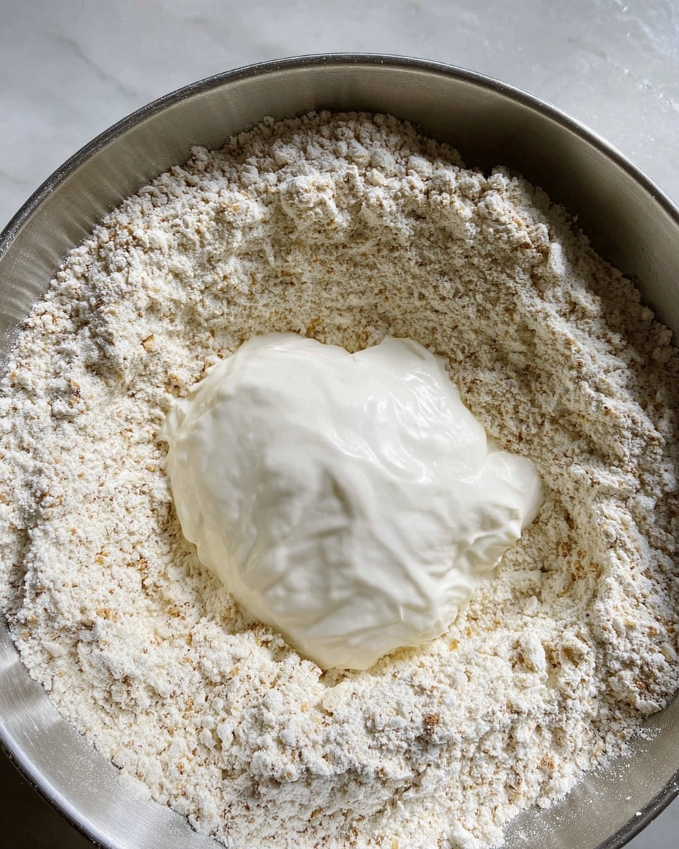 A close-up image shows a large metal bowl filled with a powdery light beige flour that has small brown bits mixed in. In the center of the flour is a thick dollop of smooth white cream-like yogurt, creating a contrast between the grainy texture of the flour and the creamy yogurt. The bowl sits on a white marbled surface, highlighting the textures and colors of the ingredients. photo taken with an iphone --ar 4:5 --v 7