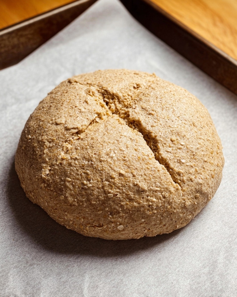 A round, uncooked dough ball with a rough, grainy texture rests on white baking paper on a baking tray. The dough is a light tan color with small bits of grainy pieces visible throughout its surface. There is a shallow, rough cross-shaped cut on top, revealing slight cracks inside. The background shows part of the baking tray and wooden surface, replaced with a white marbled texture. Photo taken with an iphone --ar 4:5 --v 7