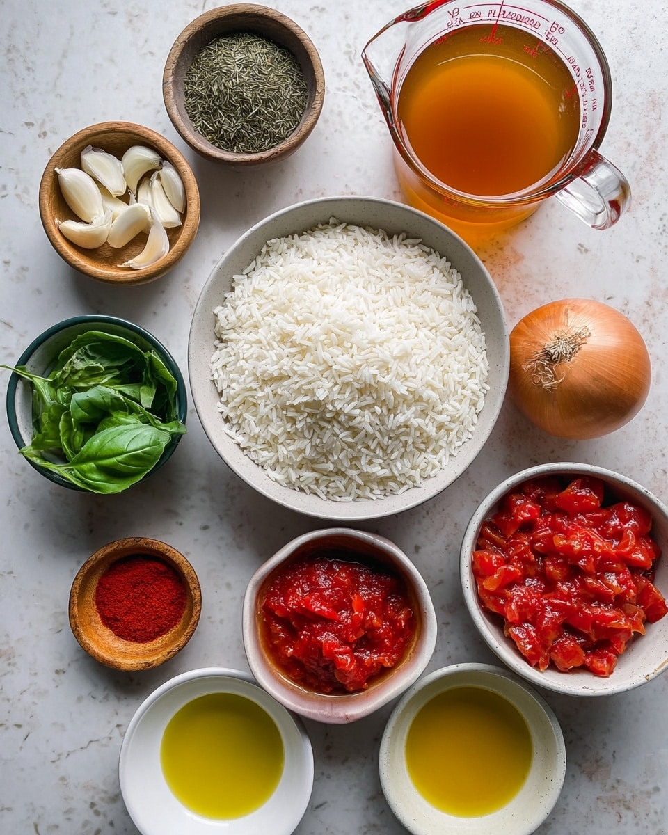 The image shows a white bowl filled with dry white rice placed in the center. Surrounding it are natural-colored bowls and white bowls containing different ingredients: a white bowl with vibrant green fresh basil leaves at the bottom left, a small natural bowl with garlic cloves, a small natural bowl of dried leafy green herbs, a small natural bowl with bright red paprika powder, a small natural bowl with red tomato paste, a white bowl with chopped red tomatoes and sauce to the right, a white bowl with yellow olive oil below the tomatoes, and a white bowl holding a whole brown onion at the bottom right. At the top center, there is a clear glass measuring cup with light brown broth. All items are set on a white marbled surface photo taken with an iphone --ar 4:5 --v 7
