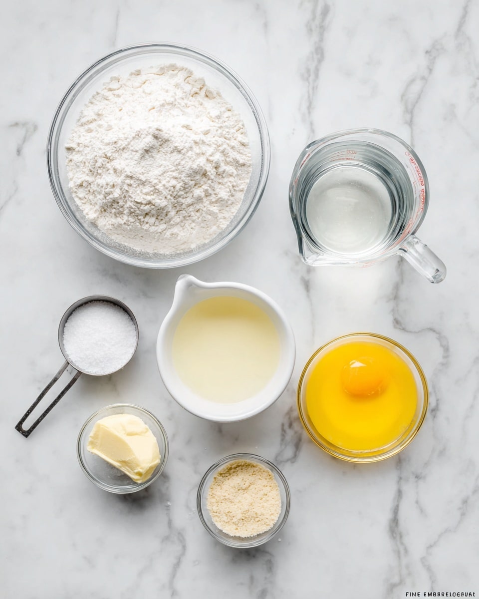 The image shows seven containers with ingredients arranged on a white marbled surface. At the top left is a large glass bowl filled with white flour that looks soft and powdery. To the right is a clear glass measuring cup with water, showing a smooth, transparent liquid. Below the water is a small white ceramic cup holding a pale yellow liquid that appears light and smooth. To the bottom right of this cup is a small clear glass bowl filled with a bright yellow beaten egg, slightly frothy on top. Under the egg bowl is a small white bowl with a small scoop of pale yellow butter, creamy in texture. To the left of the butter sits a tiny clear bowl with some white salt grains. Above the salt is a metal measuring cup filled with white granulated sugar, having a fine texture. In the center sits a small white bowl filled with dry yeast, light tan in color and granulated. All these items are placed carefully on the white marbled surface. Photo taken with an iphone --ar 4:5 --v 7