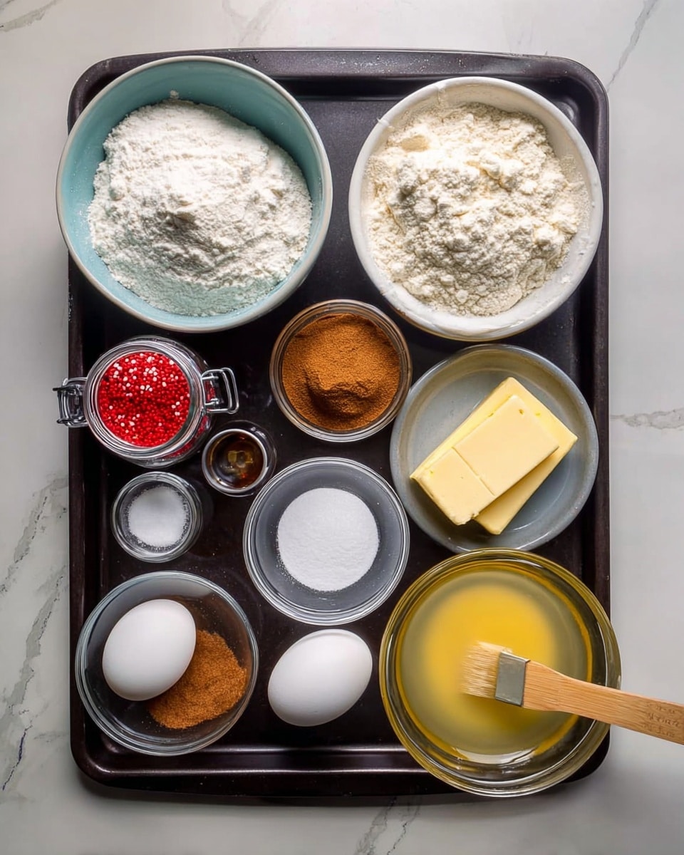 The image shows a black baking tray on a white marbled surface, holding nine small bowls and containers with different ingredients arranged neatly. Starting from the top left, there is a medium white bowl filled with white flour, next to it a small clear bowl containing brown sugar, followed by a medium white bowl with a stick of butter. Below, to the left, a glass jar with red sprinkles, a small silver bowl of white salt, a small silver bowl of baking powder, a small glass bowl of vanilla extract, a small silver bowl of brown cinnamon powder, a small glass bowl holding one white egg shell, and a medium white bowl of white sugar. On the far right edge on the surface, a glass bowl contains melted butter with a brush resting inside it. Photo taken with an iphone --ar 4:5 --v 7