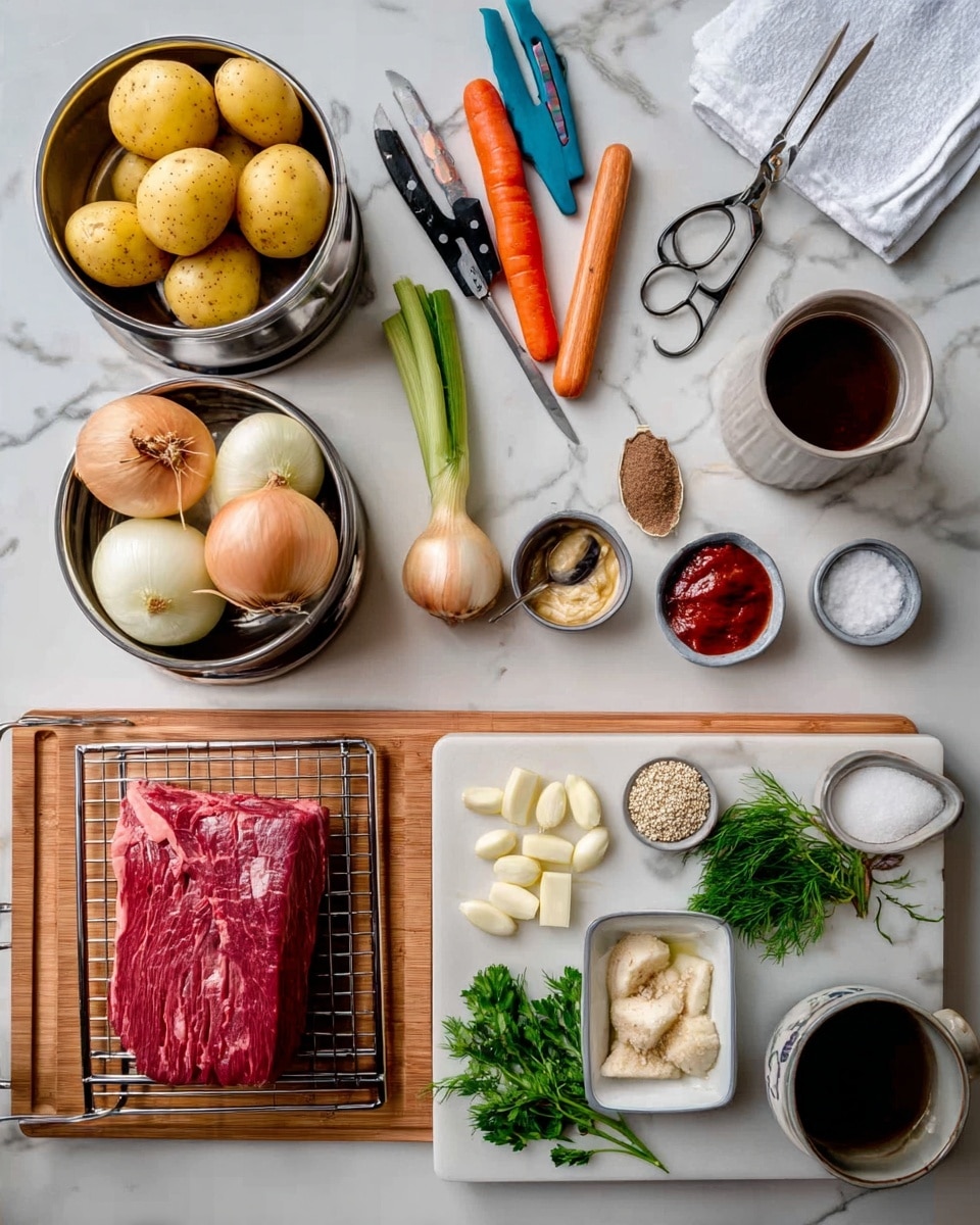 The image shows a white marbled surface with various cooking ingredients and tools neatly arranged. On the left, there are three metal bowls stacked with yellow potatoes, carrots with green tops, and onions including a halved white onion. Below these bowls, a piece of raw beef sits on a cooling rack. To the right, on a wooden cutting board, a white board holds small white bowls containing peeled garlic cloves, coarse salt, pickles, tomato paste with a spoon, and butter. Fresh green herbs rest next to the bowls. Above the board are two colorful knives, a small brush, a cup with a dark liquid, and a bowl of brown sugar with a spoon. A woman's white cloth and scissors sit in the upper right corner. Photo taken with an iphone --ar 4:5 --v 7