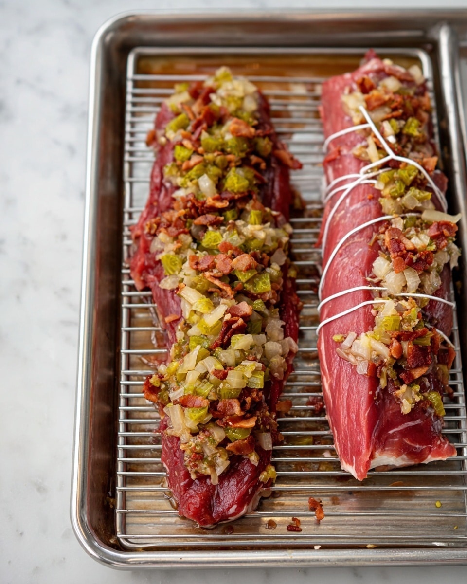 The image shows two long, thin layers of raw red meat laid out flat on a silver wire rack inside a silver tray, placed on a white marbled surface. Each meat layer has a thick, chunky topping made of light brown cooked onions, chopped green pickles, and small pieces of reddish-brown bacon spread unevenly across the top. The layer on the left is fully open with the topping fully visible, while the one on the right is partially rolled and tied with white string. Some bits of the topping have spilled onto the wire rack and tray around the meat pieces. Photo taken with an iphone --ar 4:5 --v 7