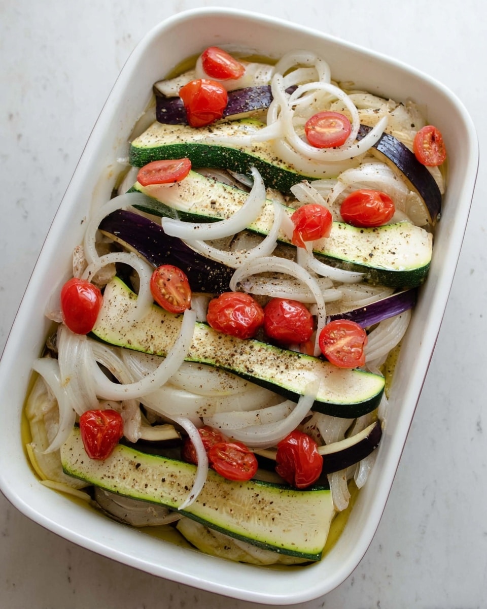 A white rectangular dish filled with layers of vegetables sits on a white marbled surface. The bottom layer consists of long slices of light green zucchini with dark green edges and light purple eggplant with dark purple edges. Above this are thin white rings of sliced onions scattered unevenly. Bright red cherry tomato halves add small pops of color throughout the dish. The vegetables have a light drizzle of oil and some black pepper seasoning visible on top. The overall look is fresh and colorful with clear separation between the layers of zucchini, eggplant, onion, and tomato. Photo taken with an iphone --ar 4:5 --v 7