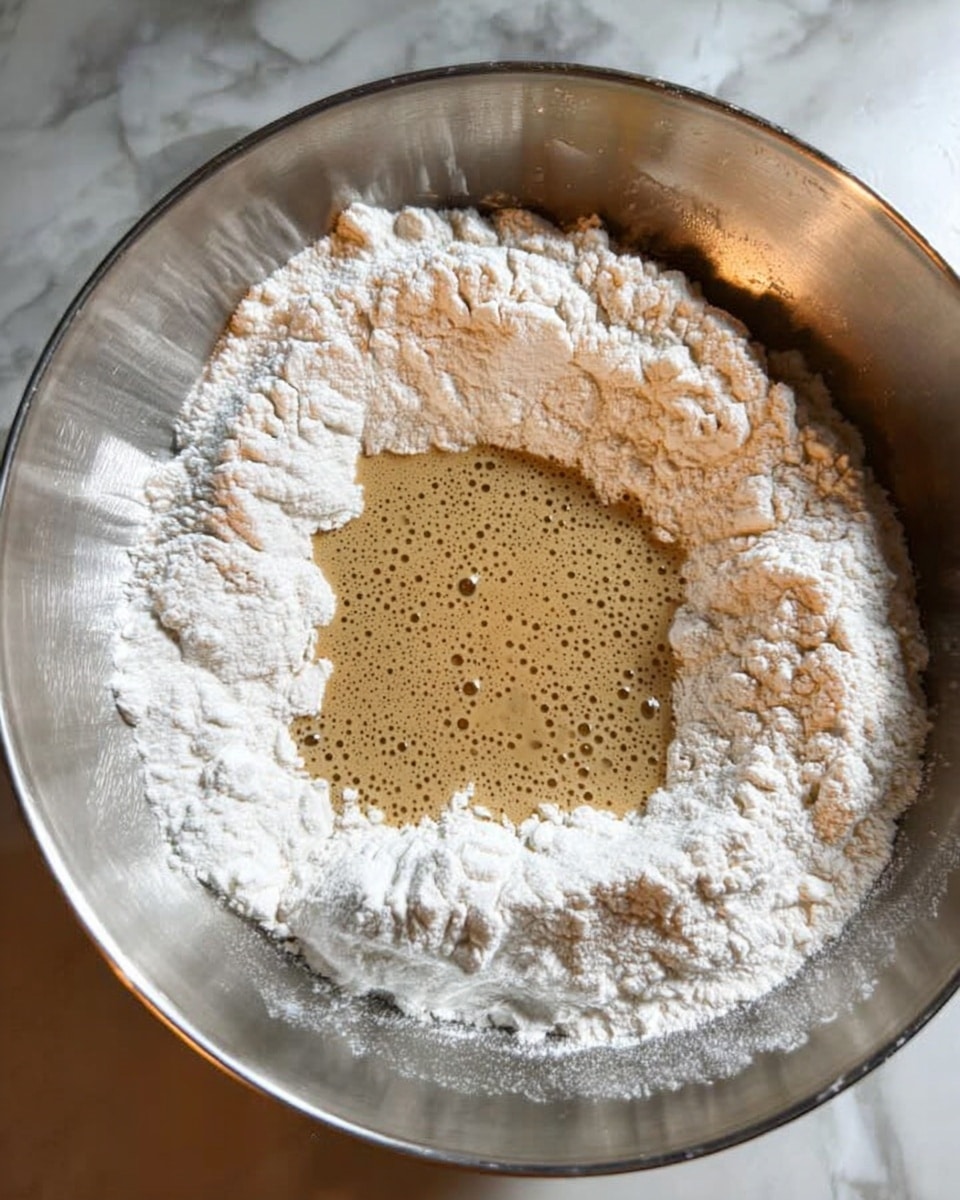 A large silver metal bowl contains a mound of white flour placed mostly around the edges, leaving a central pool of light brown liquid with small bubbles on its surface. The flour has a soft powdery texture and is piled unevenly around the middle liquid. The bowl sits on a white marbled surface. photo taken with an iphone --ar 4:5 --v 7