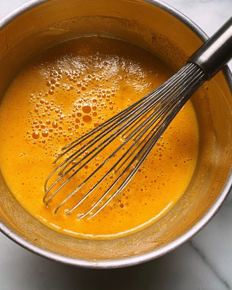 A close-up view of a shiny metal bowl with thick orange batter being whisked. The batter has many small bubbles on the surface, showing a slightly frothy texture. A black whisk with thin wires is partially covered in the orange batter and rests in the bowl. The bowl sits on a white marbled surface. photo taken with an iphone --ar 4:5 --v 7