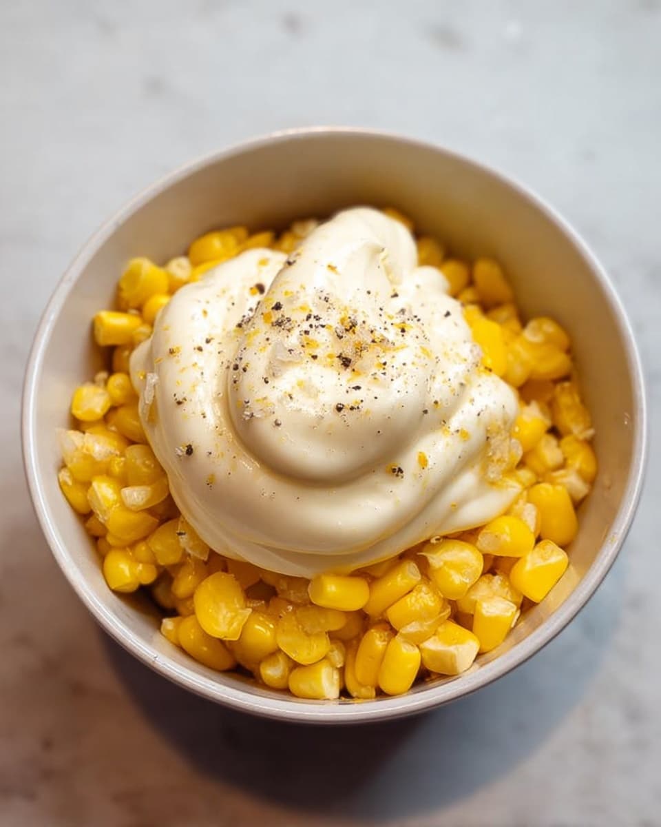A white bowl filled with bright yellow corn kernels fills the base. On top of the corn sits a large swirl of creamy white mayonnaise, sprinkled with black pepper and a bit of salt, adding texture and contrast. The corn looks shiny and juicy, while the mayonnaise is smooth and thick. The bowl is placed on a white marbled surface. Photo taken with an iphone --ar 4:5 --v 7