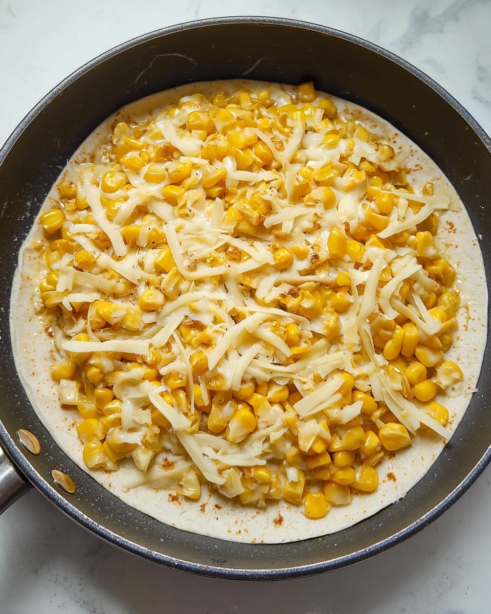 The image shows a round, light beige tortilla placed flat inside a black pan. On top of the tortilla is a thick layer of bright yellow corn kernels mixed with white shredded cheese scattered evenly across the corn. The corn looks fresh and juicy, while the cheese is in thin, small strips, some starting to melt. The pan sits on a white marbled surface, with the focus on the filling and tortilla inside the pan. photo taken with an iphone --ar 4:5 --v 7