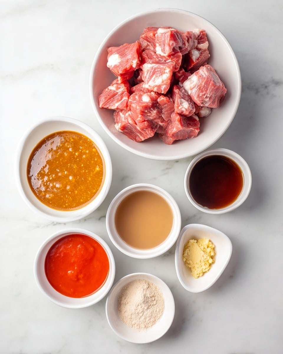 The image shows seven small white bowls arranged on a white marbled surface. The largest bowl at the top is filled with raw, pinkish-red meat pieces with small white fat parts, stacked close together. Below this, two medium white bowls hold liquids; the left one is a thick orange-brown sauce with visible seeds and texture, while the right one contains a clearer, light brown broth. Beneath these are two smaller white bowls; the left one has a smooth bright red sauce, and the right one contains a dark brown liquid. Below them, two very small white bowls are placed side by side; the left one holds a light beige powder, and the right one contains a small amount of slightly chunky yellow paste. The bowls are neatly spaced, showing a clear, organized view of the ingredients. Photo taken with an iphone --ar 4:5 --v 7