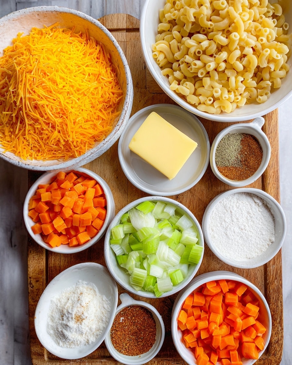 The image shows multiple white bowls on a wooden tray with a white marbled surface background, each bowl holding different ingredients. Starting from the top left corner, there is a large white bowl filled with bright orange shredded cheddar cheese, and next to it on the right is a white bowl with dry elbow macaroni. In the center, there is a smaller white bowl containing a rectangular piece of yellow butter. Surrounding these bowls are smaller white bowls filled with diced orange carrots, chopped light green celery, chopped white onions, white flour, a powdery yellow spice, a mix of black pepper, salt, and red spice, ground brown spice, and minced garlic. The arrangement is neat, showcasing a colorful variety of ingredients with distinct textures. Photo taken with an iphone --ar 4:5 --v 7