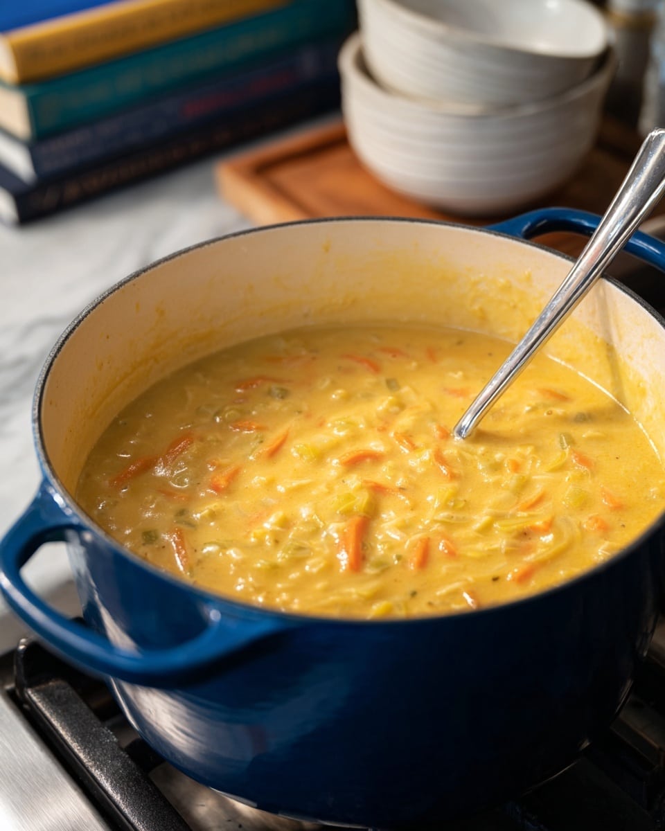 A close-up view of a deep blue pot filled with a creamy, thick yellow soup with visible small pieces of orange carrot and green celery evenly mixed throughout; a silver spoon rests inside the pot, partially submerged in the soup. The pot sits on a stove with a white marbled surface, and in the background, there are stacked vintage cookbooks and white kitchen jars and bowls stacked on a wooden board. photo taken with an iphone --ar 4:5 --v 7