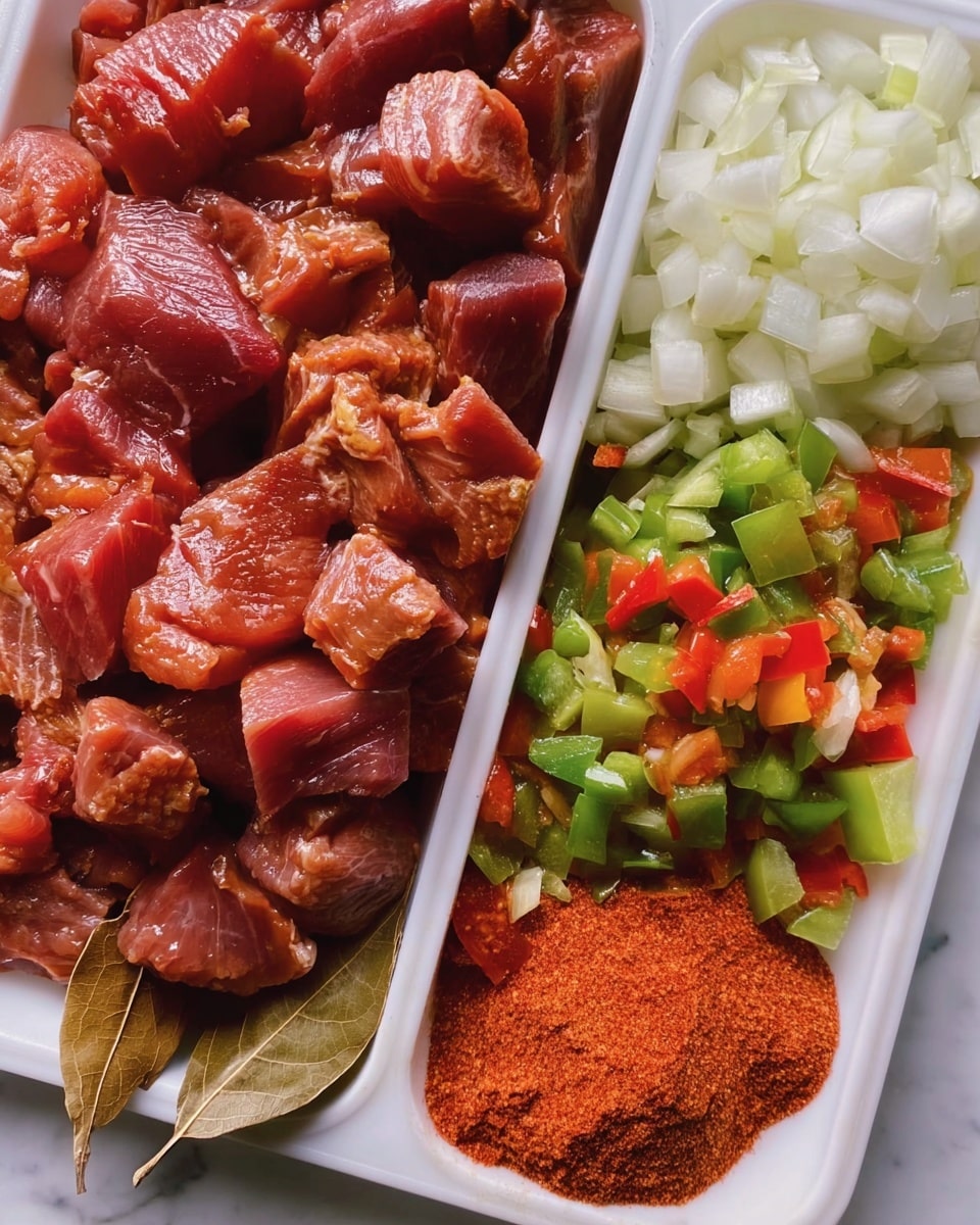 This image shows a close-up of a divided white tray with four sections, each filled with different food items. On the left side, the largest section is filled with piled pieces of raw red meat with a slightly shiny texture. To the right, there are three smaller sections: the top one contains finely chopped white onions, the middle one is filled with a mix of chopped green and red bell peppers, and the bottom section has a bright red spice powder with a few whole dried bay leaves on the edge. The tray is placed on a white marbled surface. photo taken with an iphone --ar 4:5 --v 7