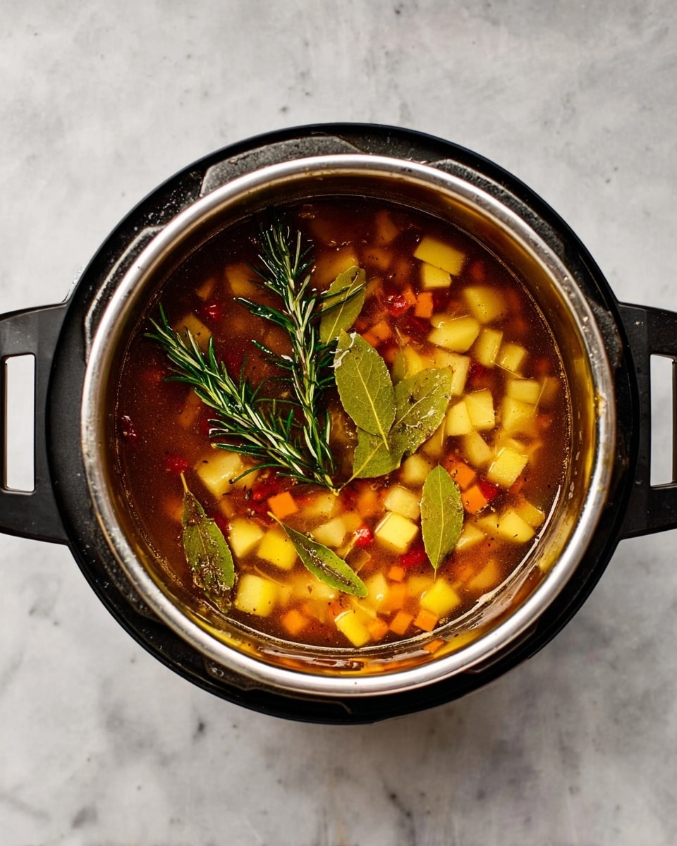 A metal pot filled with a stew that has three clear layers: the bottom has dark brown broth, the middle layer shows a mix of small yellow potato cubes and orange carrot pieces, and the top layer has two fresh green rosemary sprigs and three green bay leaves floating on the broth. The pot has black handles on each side and is placed on a white marbled surface. Photo taken with an iphone --ar 4:5 --v 7