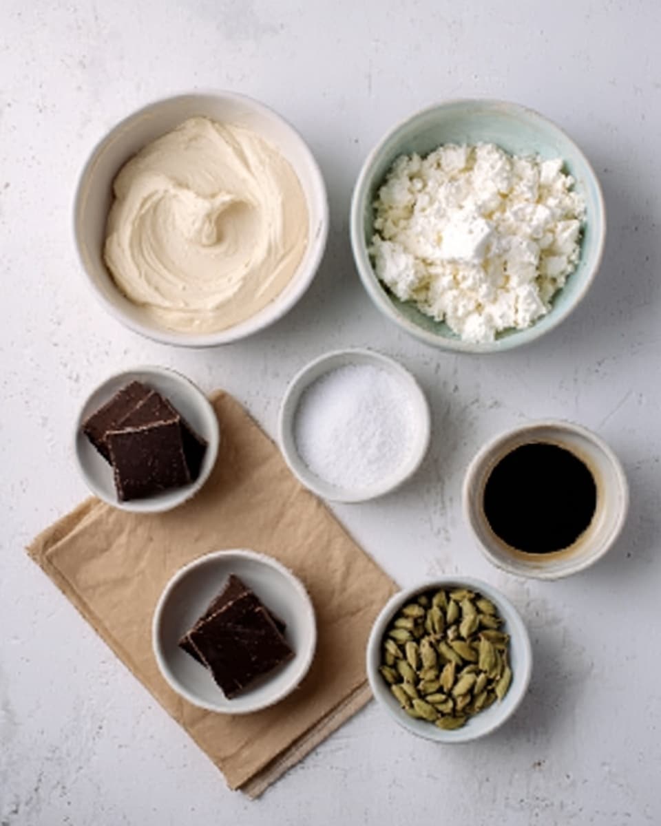 The image shows six small white bowls and one folded brown napkin on a white marbled surface. Starting from the top left, there is a white bowl filled with smooth, light beige cream. Moving right, a white bowl contains white, crumbly cheese. Below, there is a white bowl filled with white salt crystals. To the left, a white bowl holds four dark brown square blocks. Another white bowl below contains a dark liquid. The last bowl, on the right, is filled with greenish-brown cardamom pods. The folded brown napkin lies flat on the left side of the bowls. photo taken with an iphone --ar 4:5 --v 7
