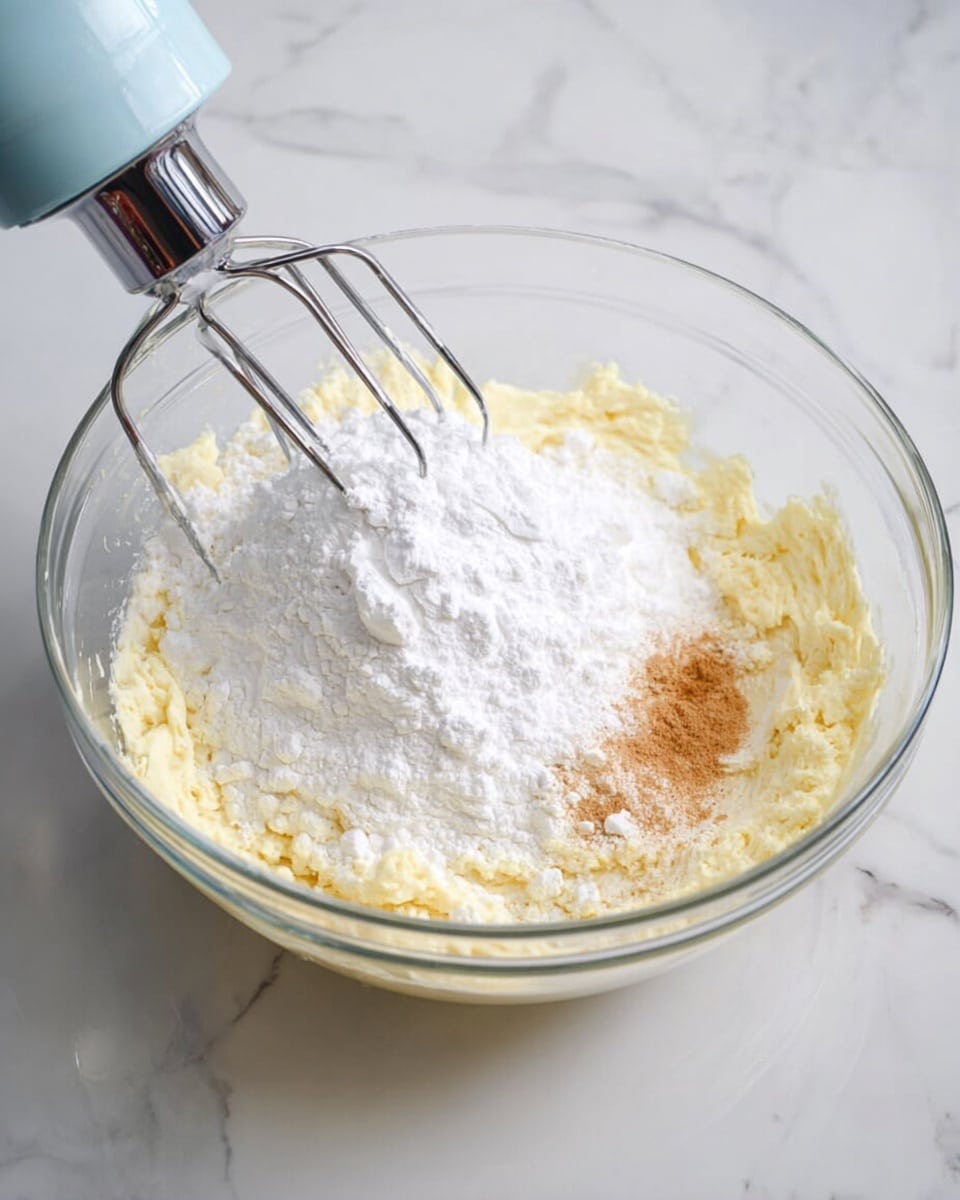 A clear glass bowl on a white marbled surface holds a mixture being blended by a mixer with silver beaters and a light blue handle. Inside the bowl, there are three visible layers: a creamy pale yellow base, a mound of white powdered sugar on top, and a small patch of light brown liquid near the edge. The texture of the pale yellow layer looks soft and smooth, while the white powdered layer appears fine and fluffy. Photo taken with an iphone --ar 4:5 --v 7