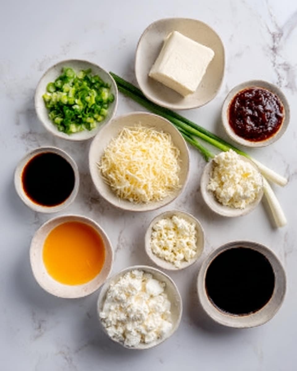 The image shows a white marbled surface holding ten small white bowls arranged in a loose cluster. The bowls contain different ingredients: finely chopped green onions, a thick white creamy sauce, a solid white block of cheese, grated pale yellow cheese, small white crumbled pieces that look soft, a small bowl of white powder, and three bowls with liquids - one orange, one deep red, and one black. The bowls vary in shape but all are white, with smooth textures and neat presentation. photo taken with an iphone --ar 4:5 --v 7