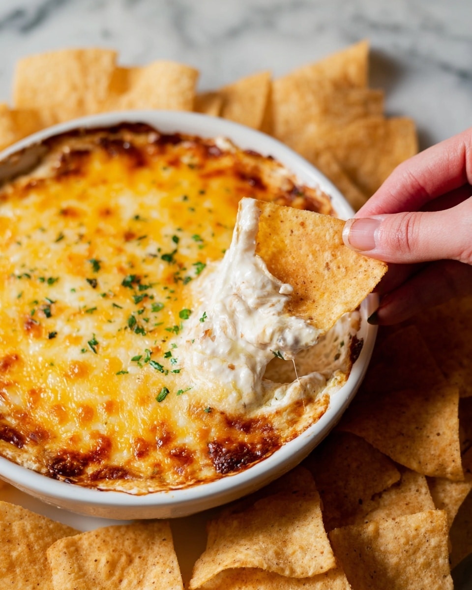 A white round dish filled with a layered dip shows a top melted cheese layer that is golden yellow with browned spots and small green herbs sprinkled on top. Below this is a creamy off-white layer with a chunky texture. A woman's hand is holding a triangular tan chip dipped in the creamy layer. Around the dish, many triangular tan chips are scattered on a white marbled surface. photo taken with an iphone --ar 4:5 --v 7