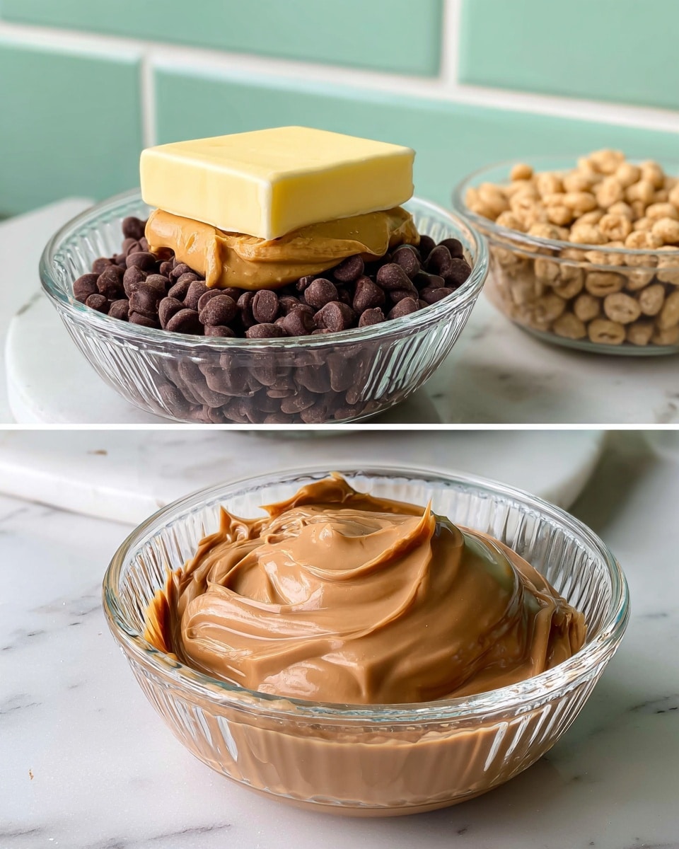 The image shows two clear glass bowls on a white marbled surface with a pale green brick wall background. The bowl on the left has three layers: the bottom layer is dark brown chocolate chips, the middle layer is smooth light brown peanut butter dolloped on top, and the top layer is a pale yellow stick of butter placed neatly on the peanut butter mound. The bowl on the right shows the same bowl but now contains a glossy, smooth, and evenly mixed milk chocolate-colored creamy spread. Both bowls have a round, ribbed glass bowl with the edge slightly curved outward. In the background, there is another clear glass bowl filled with light brown small cereal pieces. photo taken with an iphone --ar 4:5 --v 7