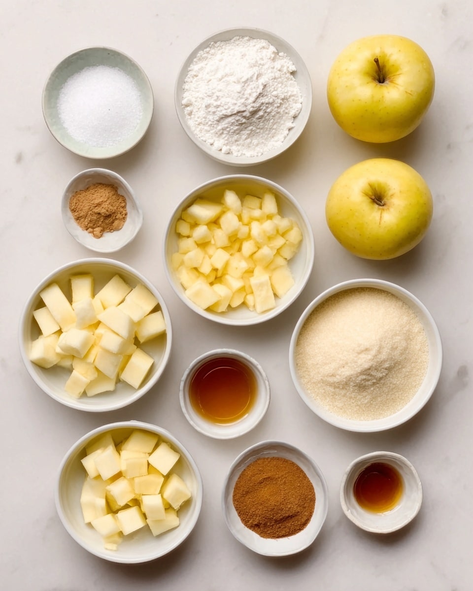 The image shows a collection of small white bowls, each filled with different ingredients, arranged neatly on a white marbled surface. There are two whole yellow apples placed near the top right. The bowls contain white flour, sugar, cubed butter, small diced apple pieces, granulated sugar, cinnamon powder, nutmeg powder, and a few spoonfuls of amber-colored syrup. The colors vary from white and pale yellow to warm brown tones, creating a soft and clean look. Photo taken with an iphone --ar 4:5 --v 7