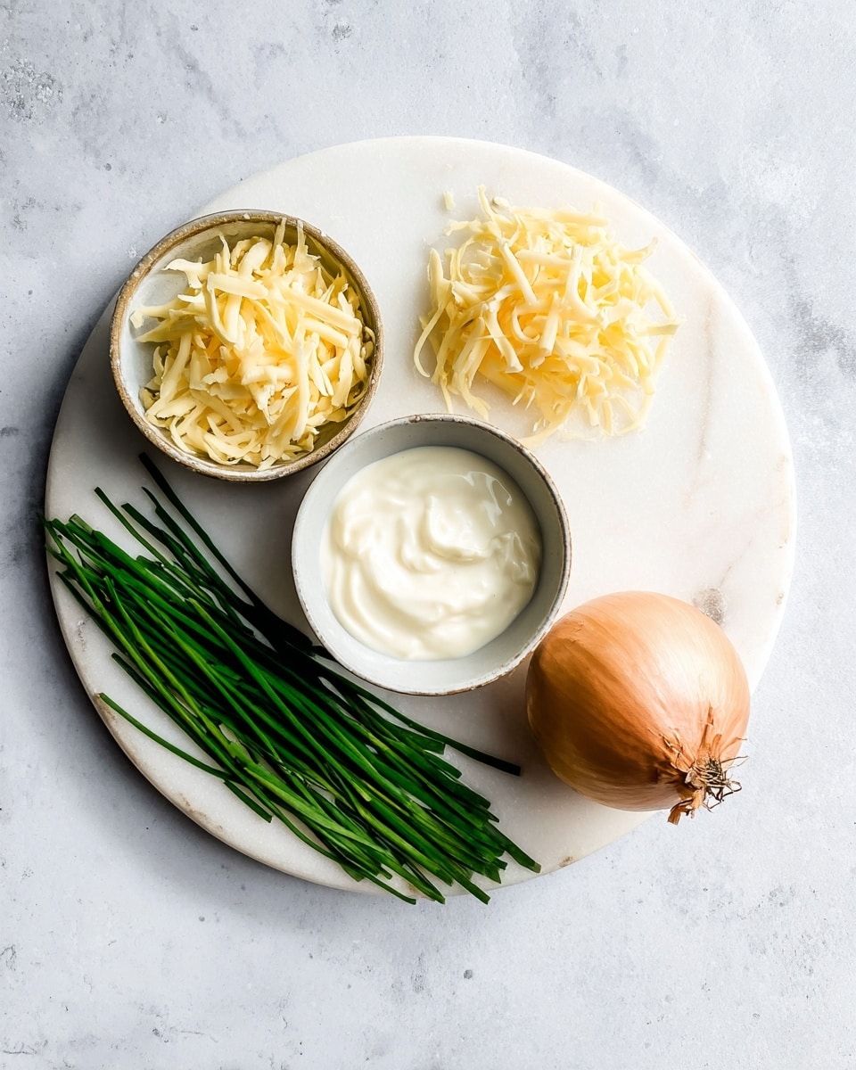 On a round white marbled board, there are three layered ingredients: a small white bowl filled with white creamy sauce, placed on the right side; a small white bowl with light yellow shredded cheese on the top left; and fresh green chives laid parallel on the bottom left. Outside the board, at the bottom right corner, a whole light brown onion with a papery outer layer sits on the white marbled surface in soft natural light. Photo taken with an iphone --ar 4:5 --v 7