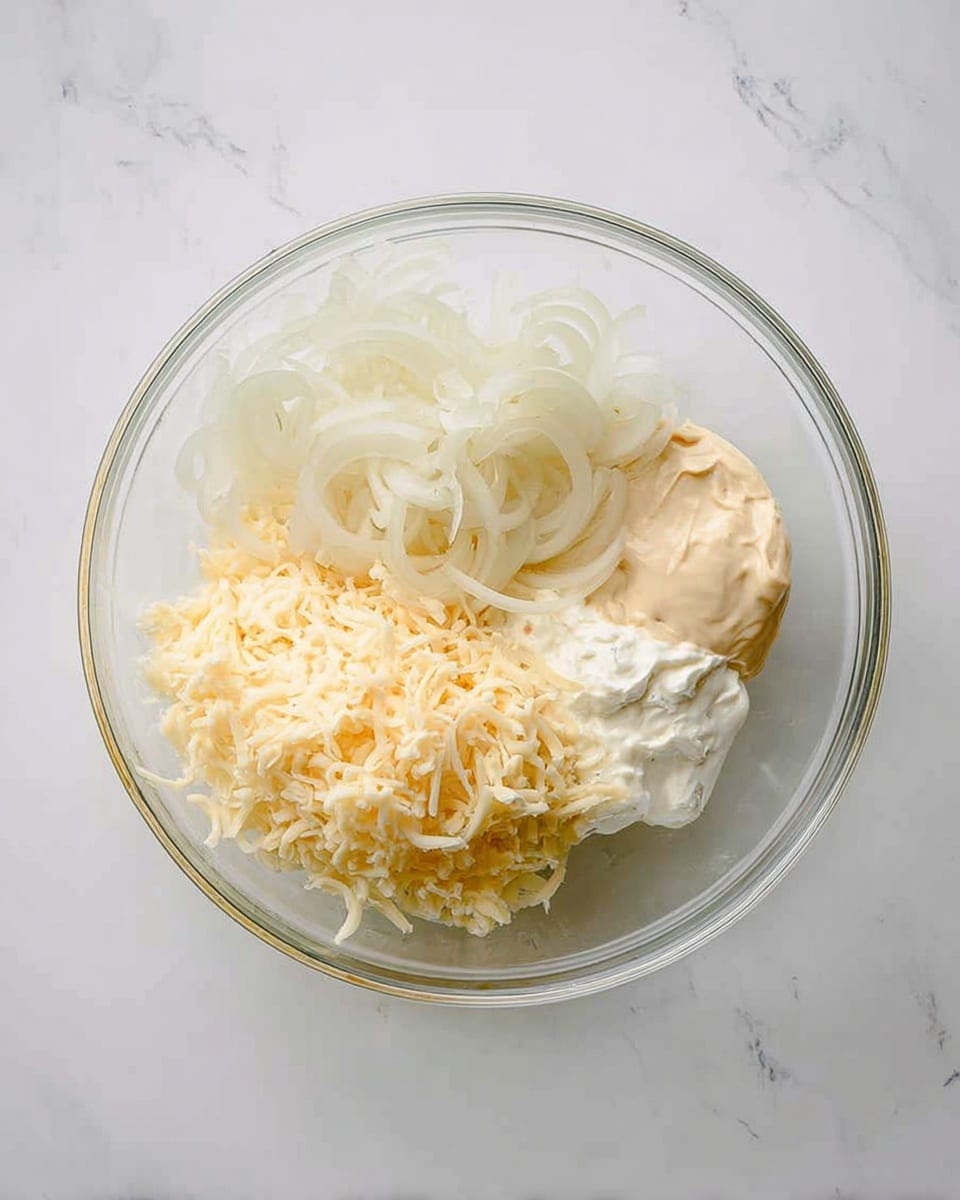 A clear glass bowl sits on a white marbled surface, filled with four main layers of ingredients arranged in separate sections. On one side, there are thin white slices of onion with a slightly translucent texture. Next to the onions, there is a smooth and creamy light beige dollop of sauce. Beside the sauce, there is a thick layer of smooth white mayo. The last section is filled with a generous pile of finely grated pale yellow cheese, showing soft strands. The bowl’s edges are round and clear, and the overall scene is bright and simple, focused on the natural textures and colors of the ingredients. photo taken with an iphone --ar 4:5 --v 7