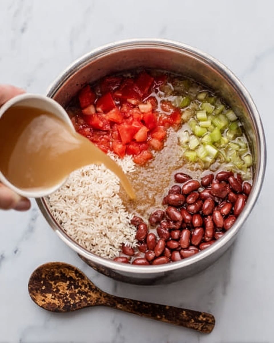 A silver pot on a white marbled surface contains four sections of ingredients visible from above. The top left section is filled with diced red tomatoes, the top right has white rice grains, the bottom right shows sliced greenish celery pieces, and the bottom left is filled with red beans. A woman's hand is pouring a light brown broth into the pot from the bottom left corner. A wooden spoon with dark spots lies next to the pot on the right side. Photo taken with an iphone --ar 4:5 --v 7