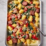 Sheet Pan Gnocchi Dinner with Kielbasa, Cherry Tomatoes, and Creamy Spinach Recipe