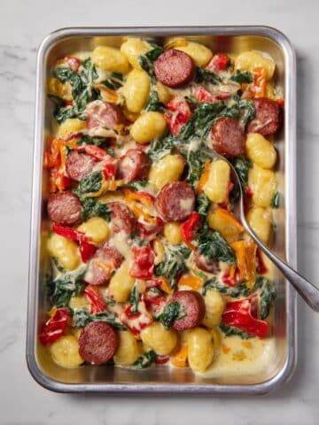 Sheet Pan Gnocchi Dinner with Kielbasa, Cherry Tomatoes, and Creamy Spinach Recipe