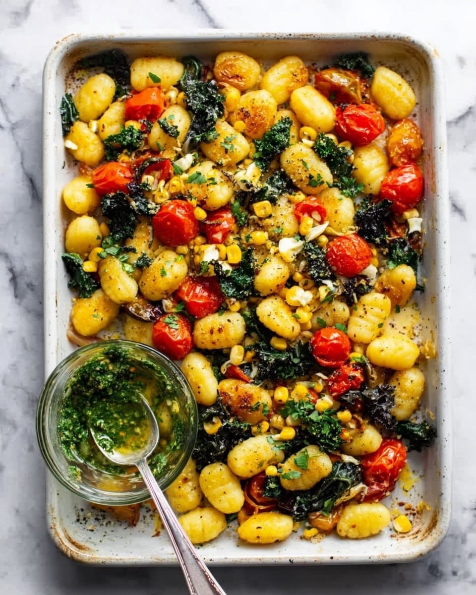 The image shows a white baking tray filled with a colorful gnocchi dish. The base layer is golden-brown gnocchi, cooked to a soft texture with slightly crispy edges. Scattered evenly among the gnocchi are bright red cherry tomato halves, some slightly roasted and wrinkled. Dark green kale leaves are mixed throughout, adding a leafy texture and contrast. Small bits of yellow corn kernels are spread across, giving pops of color. Fresh herbs or seasonings are sprinkled lightly over the dish, enhancing its fresh look. In the front corner of the tray, there is a small glass bowl with a green herb sauce and a silver spoon resting inside. The whole scene is set on a white marbled surface. Photo taken with an iphone --ar 4:5 --v 7