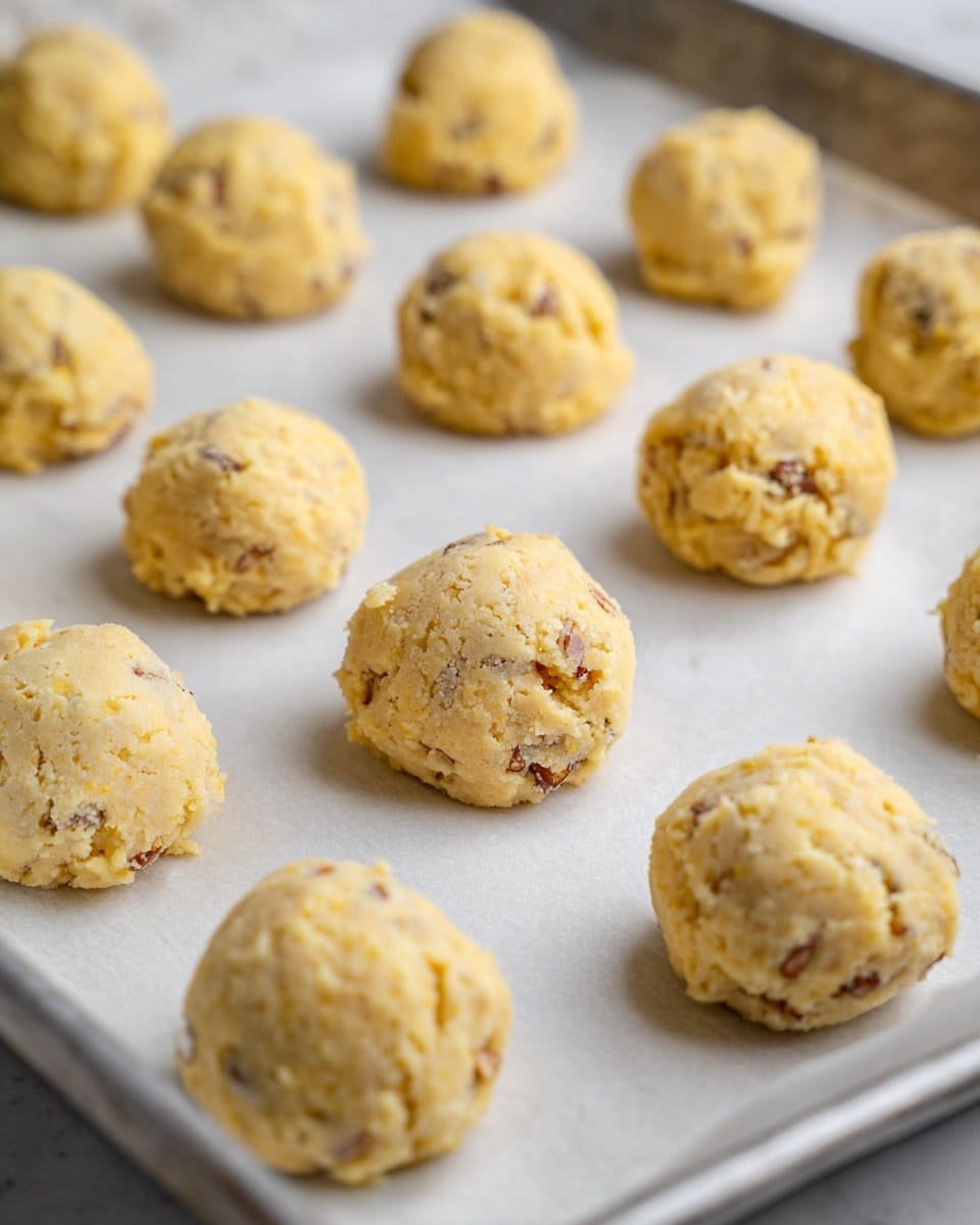 The image shows a close view of a metal baking tray lined with white parchment paper on a white marbled surface, filled with roughly 15 cookie dough balls in an even grid formation. Each cookie dough ball is pale yellow with small brown nut pieces embedded, having a rough and slightly crumbly texture. The dough balls are rounded but unevenly shaped, with some cracks and lumps visible on their surfaces. The focus is sharp on the first row of dough balls, while the background dough balls become softly blurred, creating a depth effect. Photo taken with an iphone --ar 4:5 --v 7