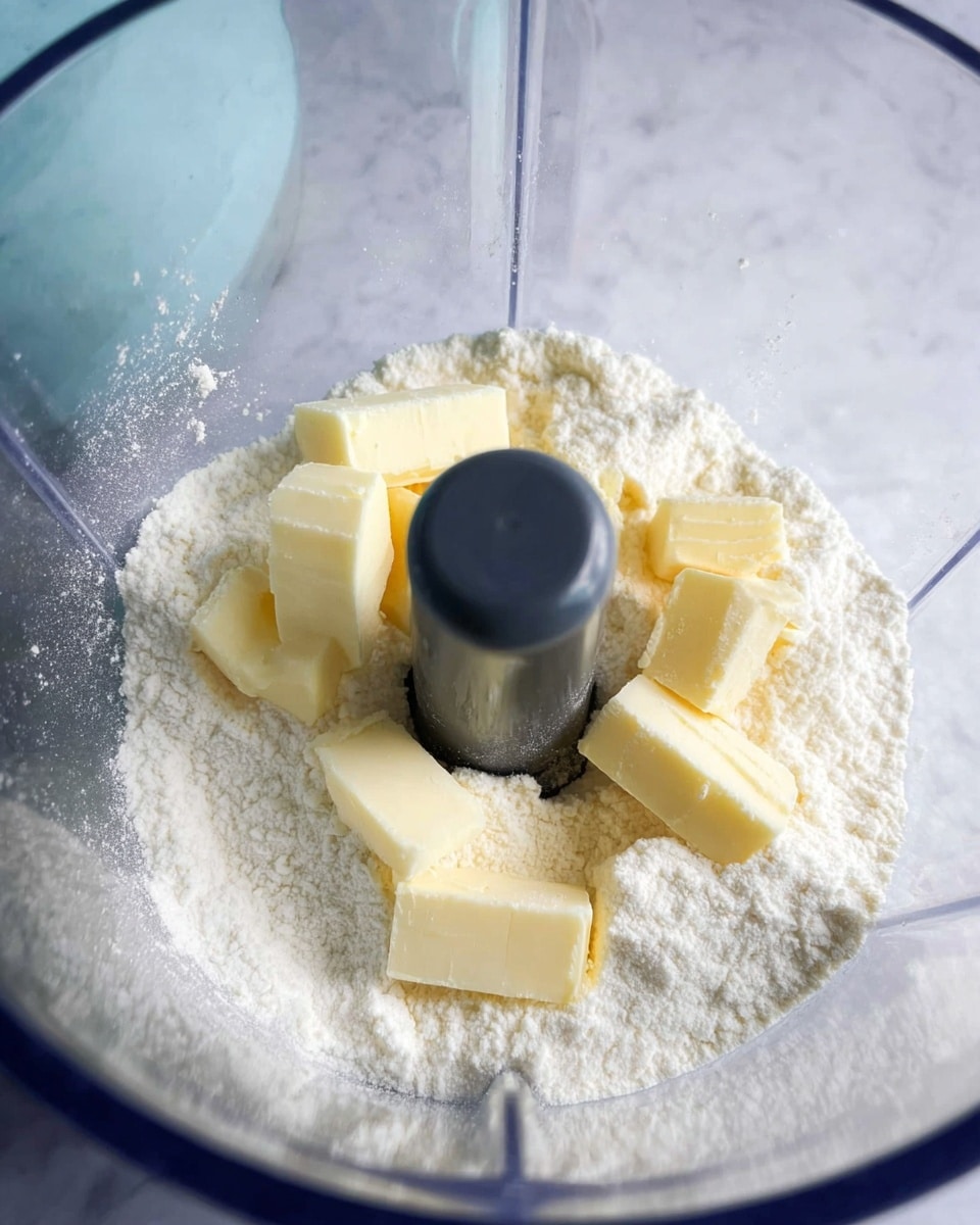 Inside a clear blender bowl, there is a white powdery layer of flour at the bottom. On top of the flour, there are small rectangular pieces of light yellow butter scattered unevenly. The butter pieces have smooth edges and some texture lines from slicing. The background shows a faint glimpse of a light blue wall and the blender’s central black blade column rising through the center. The surface under the blender has a white marbled texture. photo taken with an iphone --ar 4:5 --v 7
