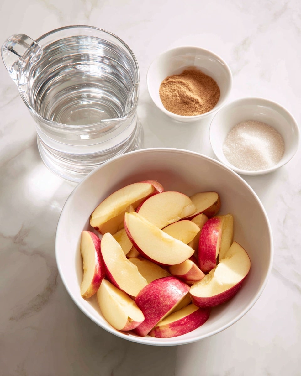 The image shows a white bowl on the right filled with several apple slices with red and yellow skin, neatly arranged and layered inside. To the left of the bowl, there is a clear glass pitcher filled with water, showing light reflections. Above the pitcher, three small white bowls are arranged in a triangle; the top bowl contains light brown powder, the left bowl has a slightly darker brown powder, and the right bowl holds a white granulated substance. All items sit on a white marbled surface that has soft gray veins. Photo taken with an iphone --ar 4:5 --v 7