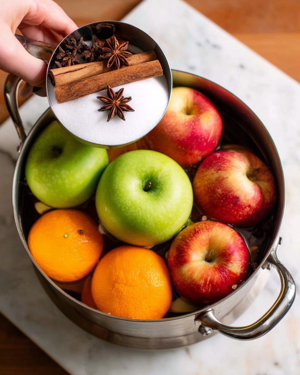 A metal pot filled with whole fruits, including a mix of green apples with shiny smooth skin, several red apples with glossy red and yellow patches, and a couple of bright orange oranges with textured skin. Above the pot, a woman's hand holds a metal measuring cup filled with white granulated sugar and topped with dark brown cinnamon sticks, star anise with a star shape and rough texture, and small dark cloves. The pot is set on a white marbled surface, and the photo is taken from above, showing the colorful mix of fruit and spices. photo taken with an iphone --ar 4:5 --v 7