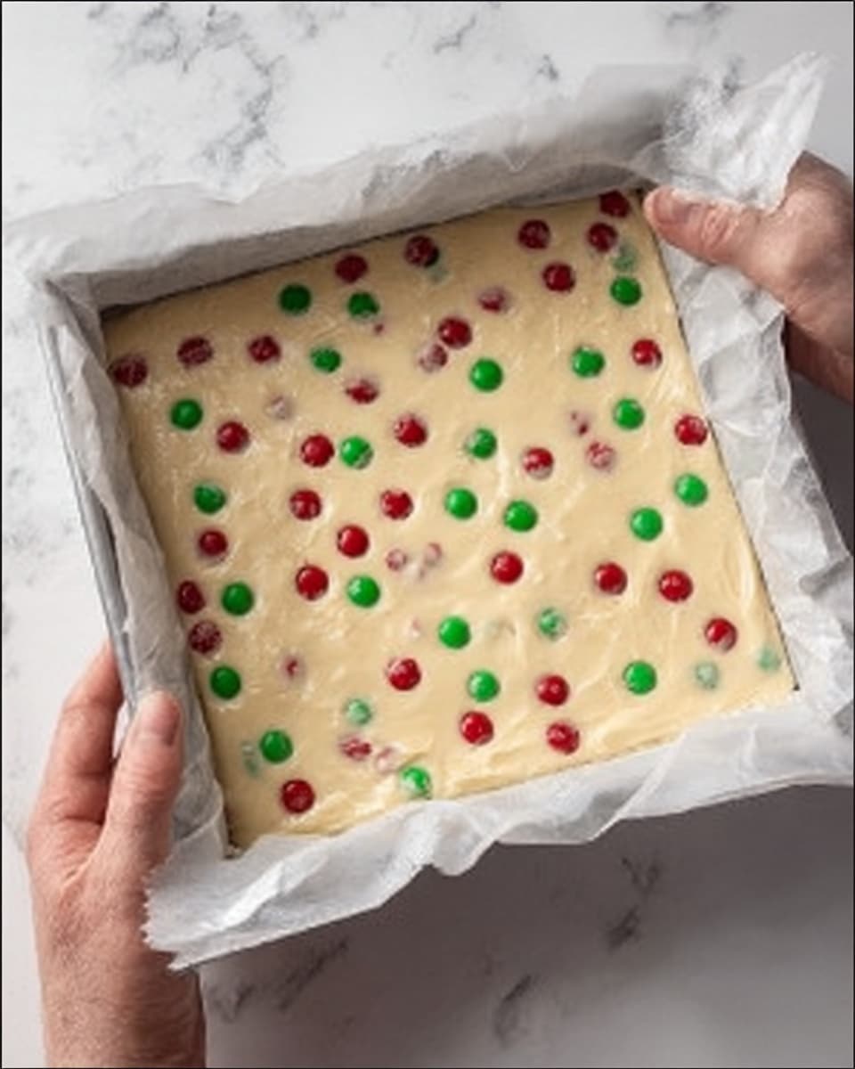 The image shows a square baking pan lined with white parchment paper, filled with smooth, pale yellow batter that has red and green round candy pieces evenly scattered throughout the surface. A woman's hand is holding the top right corner of the baking pan over a white marbled surface. The batter looks creamy and thick, with the colorful candy pieces slightly pressed into the top layer. Photo taken with an iphone --ar 4:5 --v 7