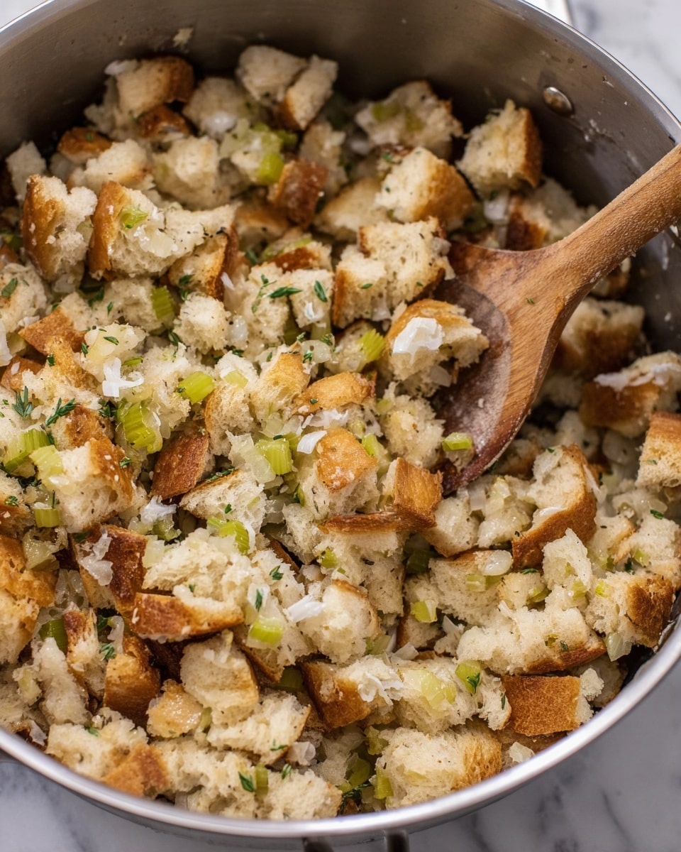 A close-up view of a large metal pot filled with chunky bread stuffing mixture, showing roughly torn pieces of white bread with golden brown crusts mixed with small pieces of celery and diced translucent onions. Tiny flecks of green herbs are scattered throughout the bread, and a wooden spoon rests on the right side inside the pot, partially stirring the mixture. The pot has a shiny silver texture and the scene is set against a white marbled surface. Photo taken with an iphone --ar 4:5 --v 7