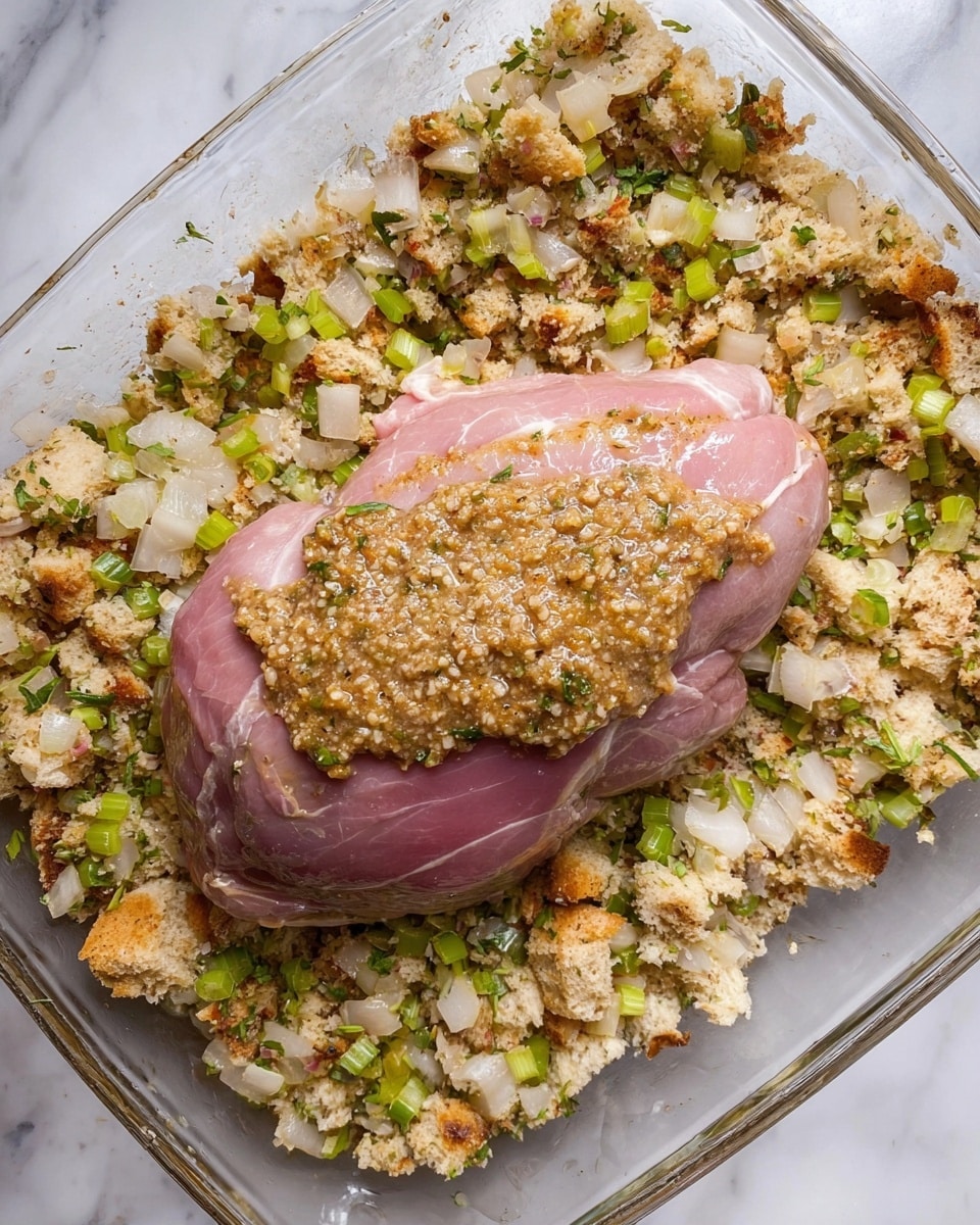 The image shows a glass baking dish filled with two main layers: the bottom layer is made of light brown bread stuffing mixed with small chopped green celery and translucent cooked onions, creating a chunky, textured look with scattered green herbs; the top layer is a large piece of raw pink meat coated partly with a grainy, light brown mustard-like sauce, sitting in the center of the stuffing. The dish is placed on a white marbled surface. Photo taken with an iphone --ar 4:5 --v 7