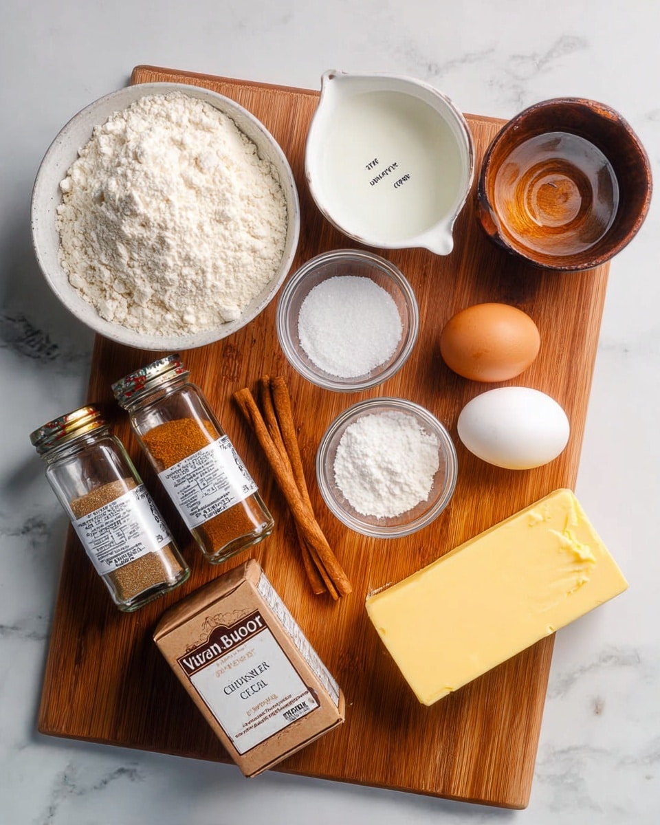 The image shows a wooden board on a white marbled surface with various baking ingredients neatly arranged on it. There is a small white bowl filled with flour, a measuring cup with a clear liquid, an egg placed near the top right, and a brown small bowl containing white granulated sugar. Two small glass bowls hold white powdered substances, likely baking powder and salt, positioned near the center. A stick of yellow butter is at the bottom right, and a vanilla chai tea box lies flat in front. Two spice jars labeled cinnamon and nutmeg stand on the left side, all set on the wooden board. Photo taken with an iphone --ar 4:5 --v 7