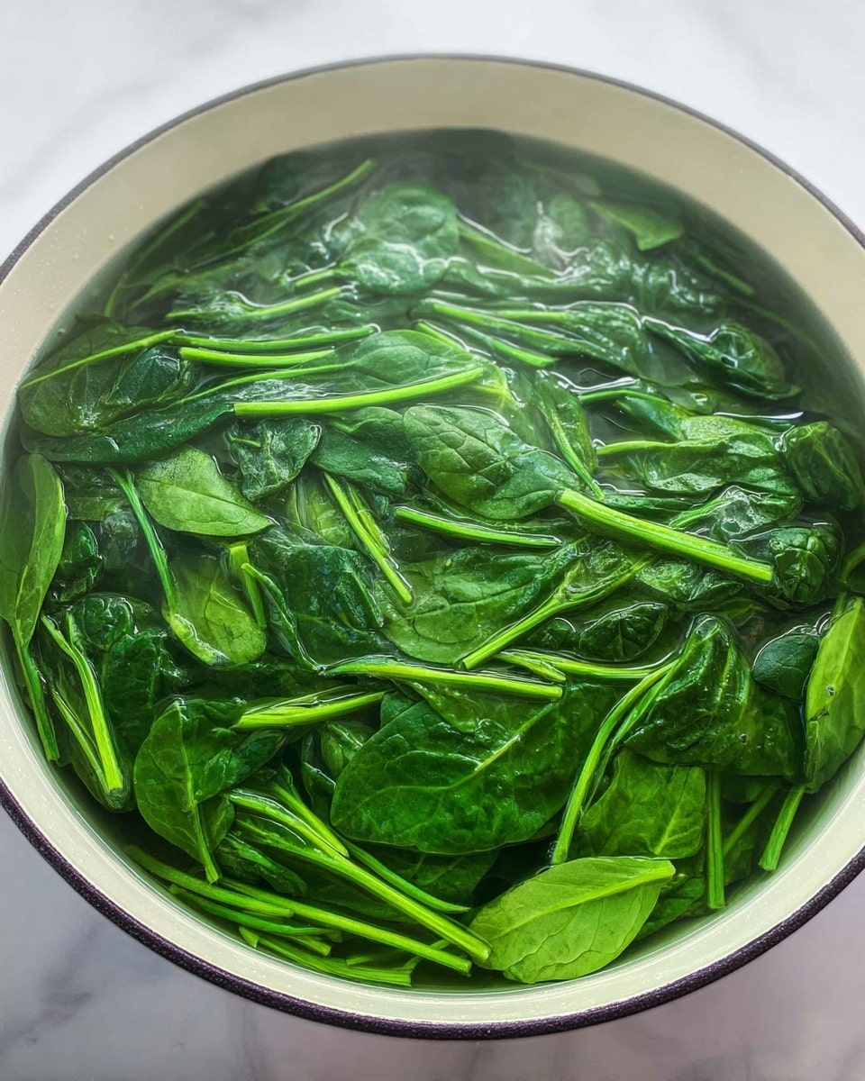 A white pot holds bright green spinach leaves fully submerged in clear water, with many spinach stems visible. The spinach leaves have a fresh soft texture and vary in size, creating layers of overlapping leafy greens. The water surface is smooth and slightly reflective, showing some steam or light mist above it. The pot's rim is thin and dark, contrasting with the white marbled background beneath it. photo taken with an iphone --ar 4:5 --v 7