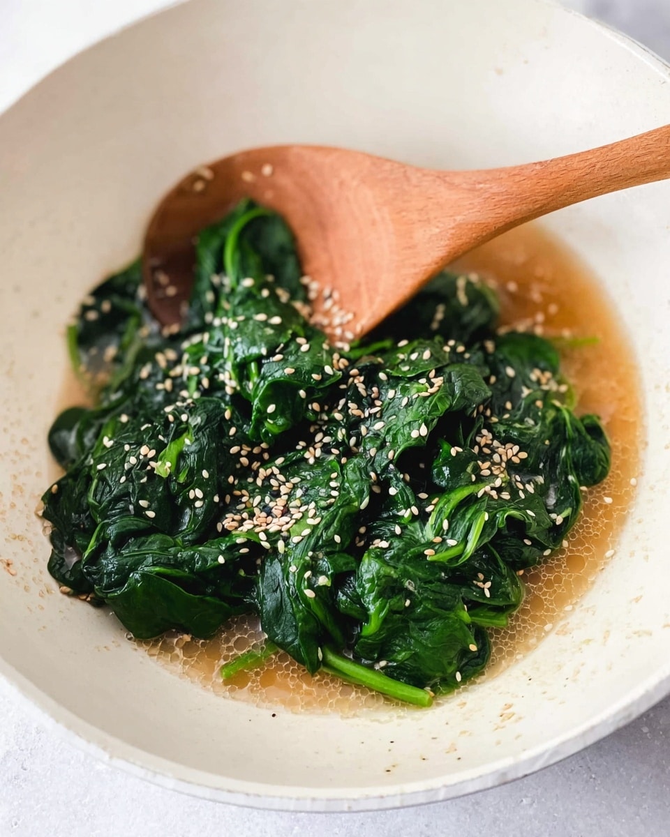The dish shows a white bowl with cooked dark green spinach leaves arranged in four groups inside. A light brown wooden spoon rests on the spinach, slightly wet with the light brown liquid pooling at the bottom. White sesame seeds are sprinkled unevenly over the spinach and liquid, adding small textured light spots. The bowl sits on a white marbled surface with soft natural lighting. photo taken with an iphone --ar 4:5 --v 7
