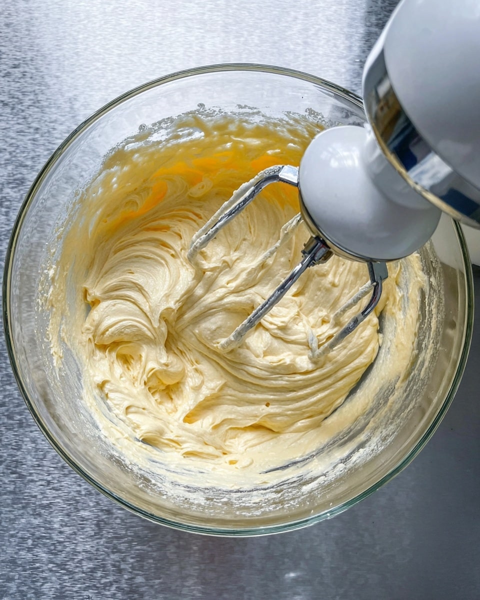 A clear glass bowl filled with a creamy light yellow mixture that looks smooth and soft, being mixed by a white electric hand mixer with two metal beaters. The mixture inside has thick, swirled textures with some uneven peaks, showing it is being whipped. The bowl is placed on a shiny silver surface. photo taken with an iphone --ar 4:5 --v 7