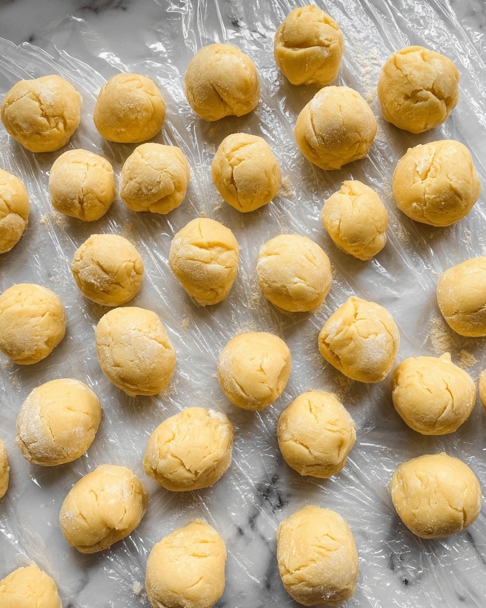 The image shows 28 small, round dough balls placed in rows on a shiny, crinkled plastic wrap surface. Each ball is pale yellow with a smooth, slightly cracked texture, and they vary slightly in shape but are generally uniform in size. The dough balls have a soft, moist look with some uneven patches. The background is a white marbled texture, and there is no other food or objects in the scene. photo taken with an iphone --ar 4:5 --v 7